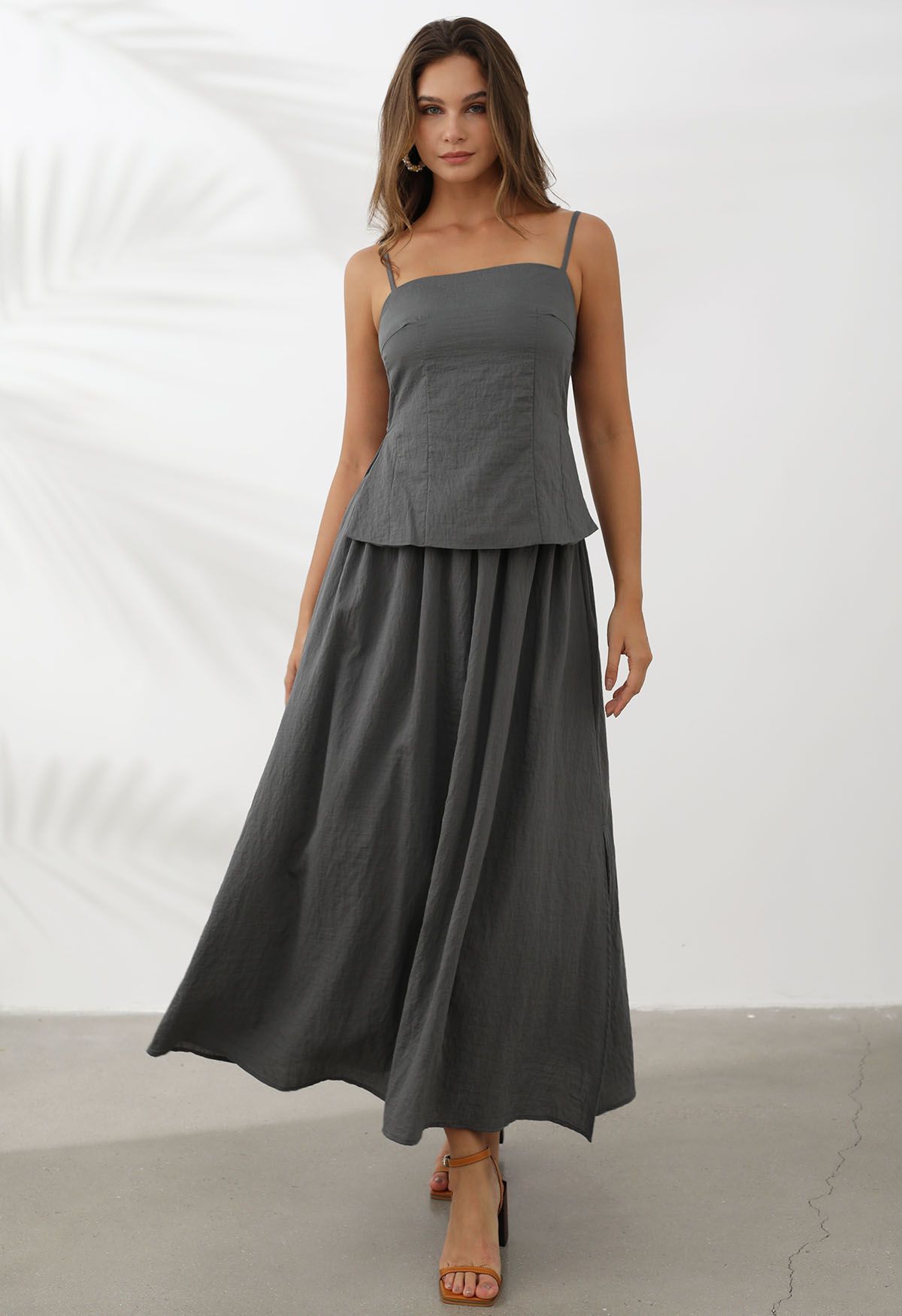 Slit Hem Linen-Blend Top and Maxi Skirt Set in Smoke