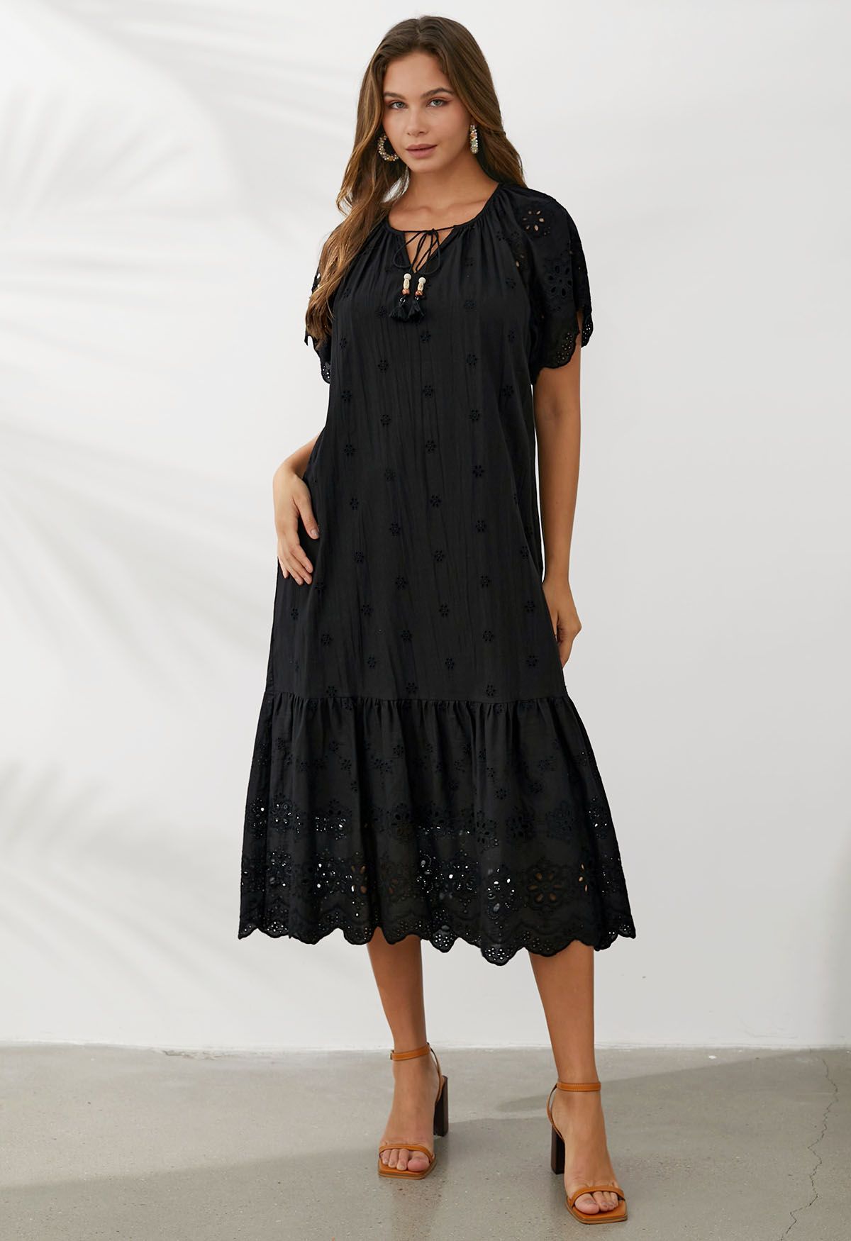 V-Neck Floral Embroidery Eyelet Dolly Dress in Black