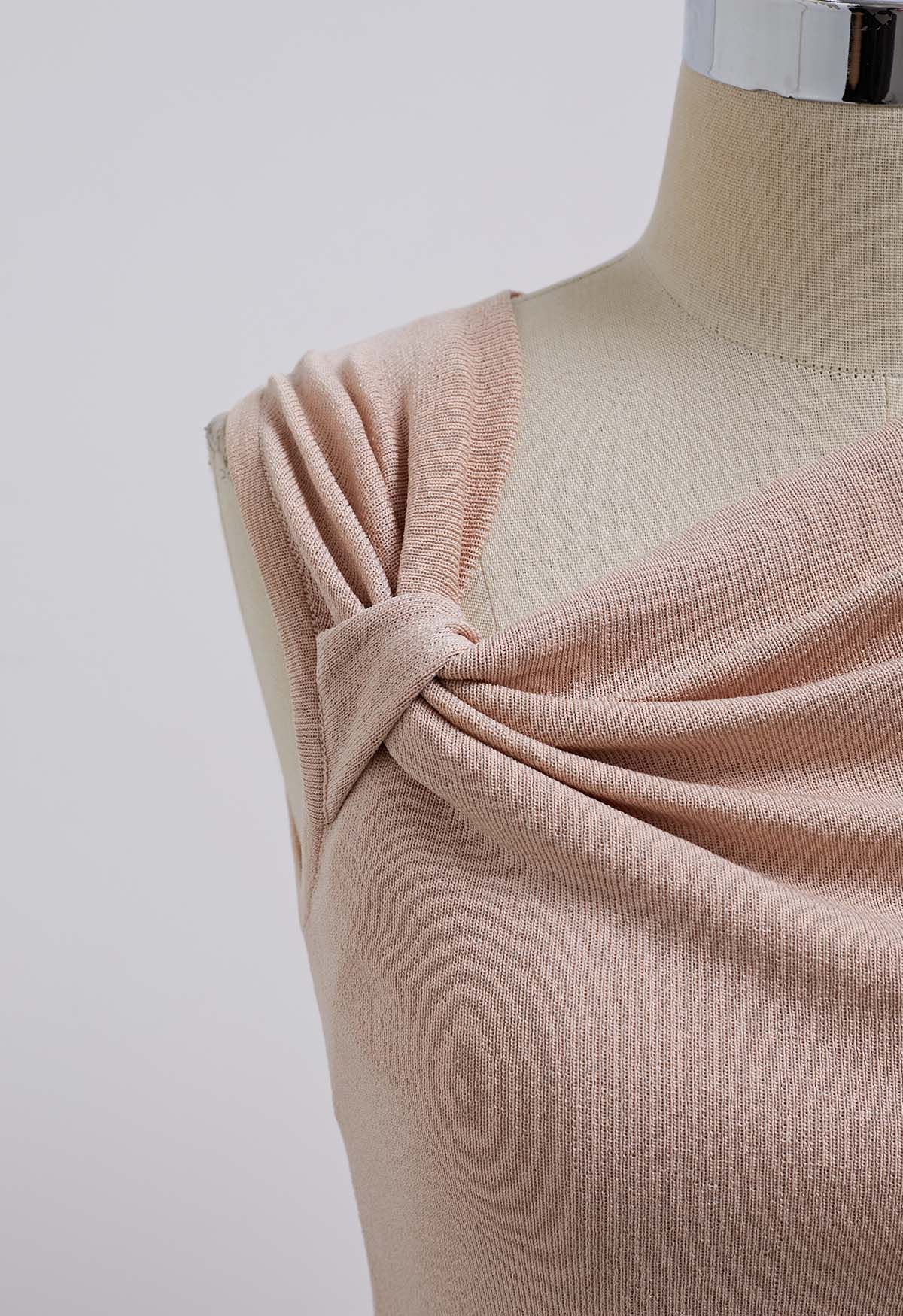 Side Knot Ruched Sleeveless Knit Top in Pink