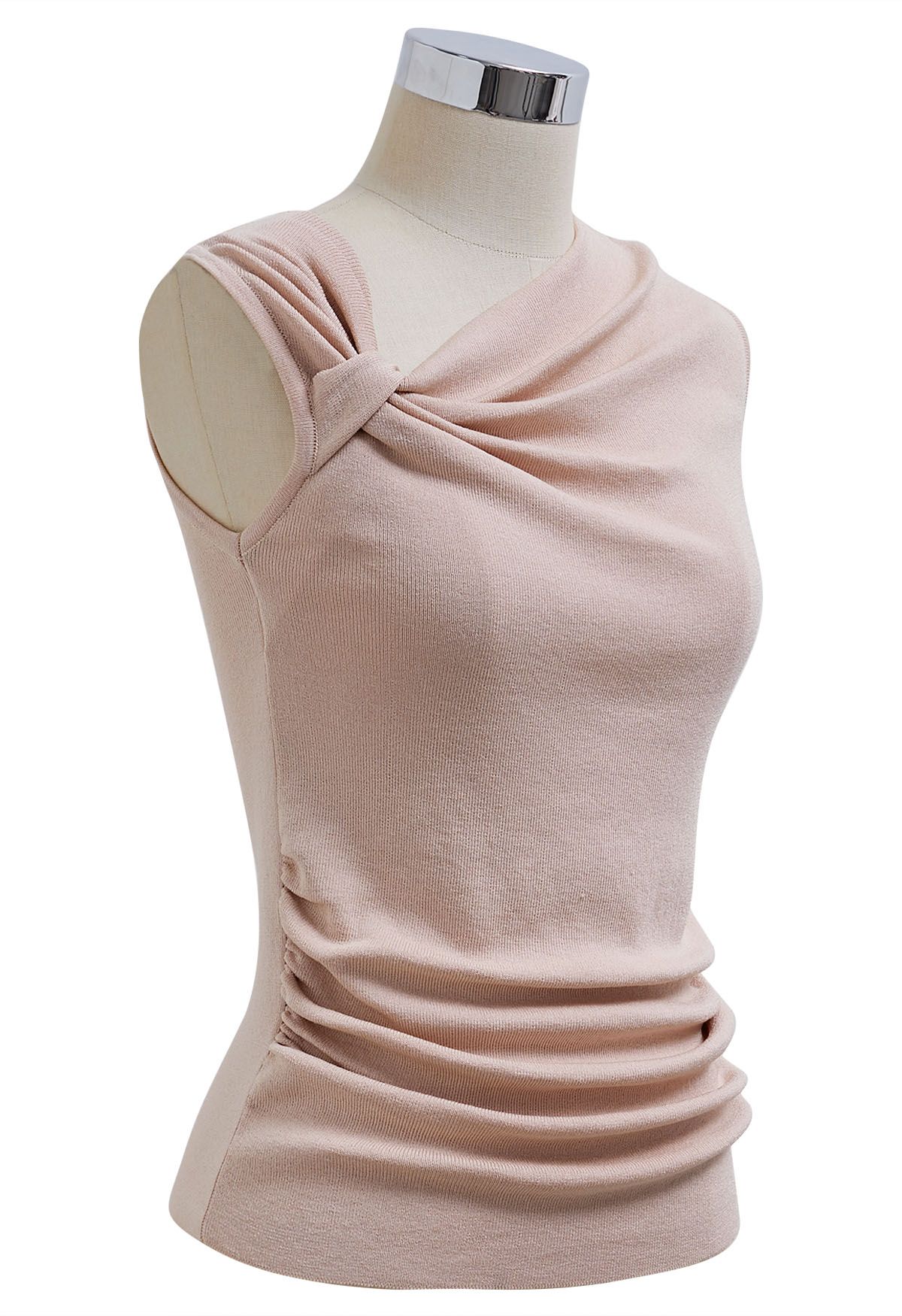 Side Knot Ruched Sleeveless Knit Top in Pink