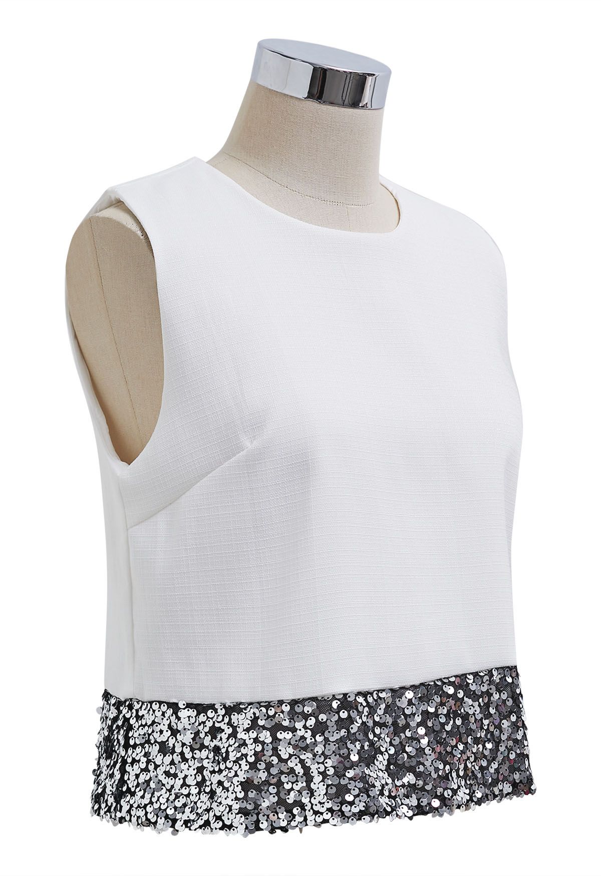 Sequined Hem Sleeveless Tweed Crop Top in White