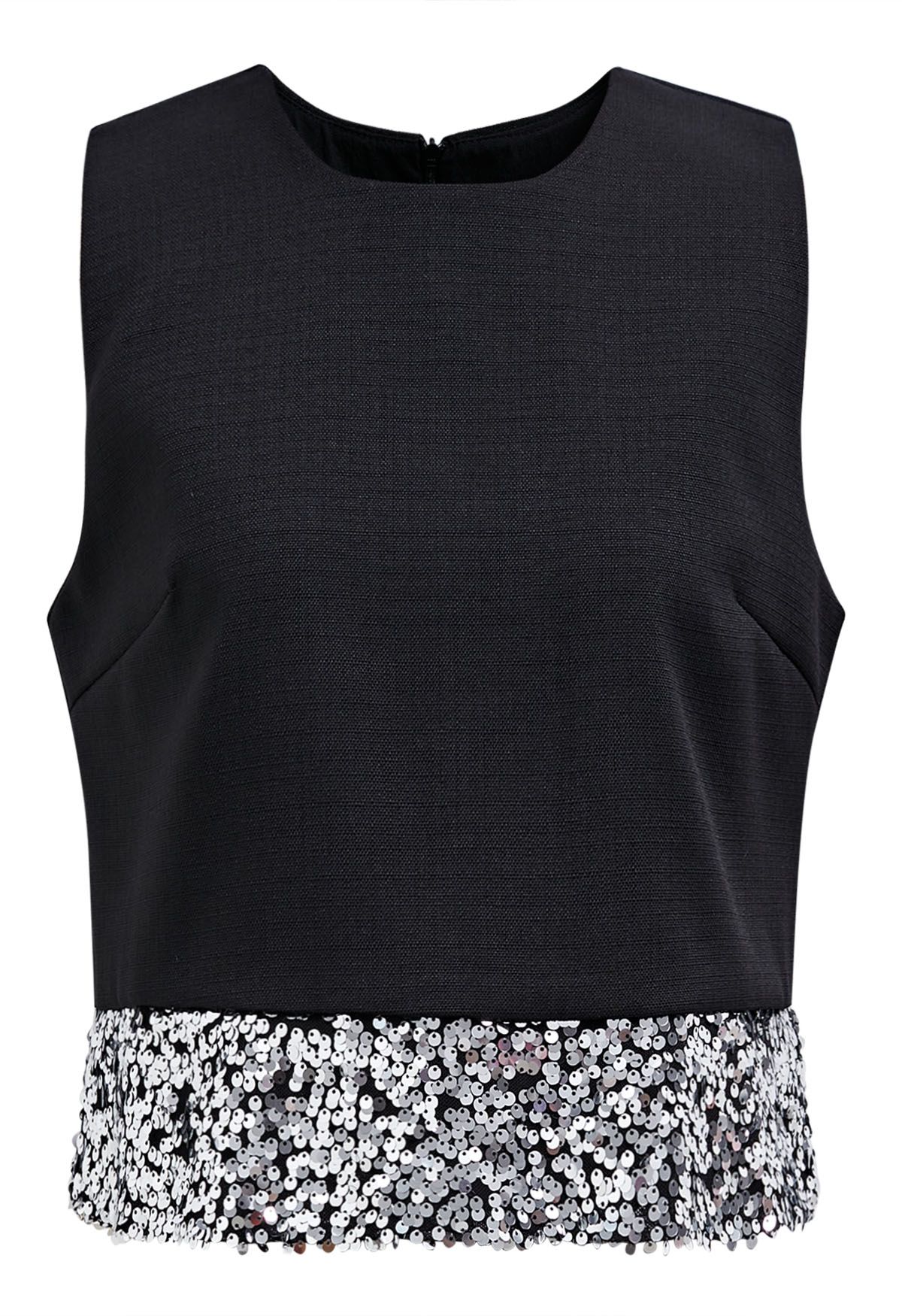 Sequined Hem Sleeveless Tweed Crop Top in Black