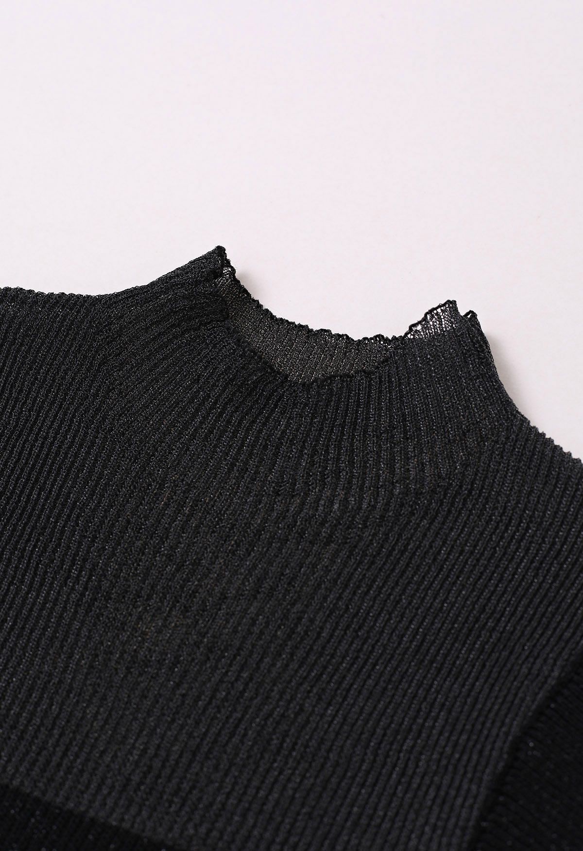 Cutout Mesh Mock Neck Metallic Knit Top in Black