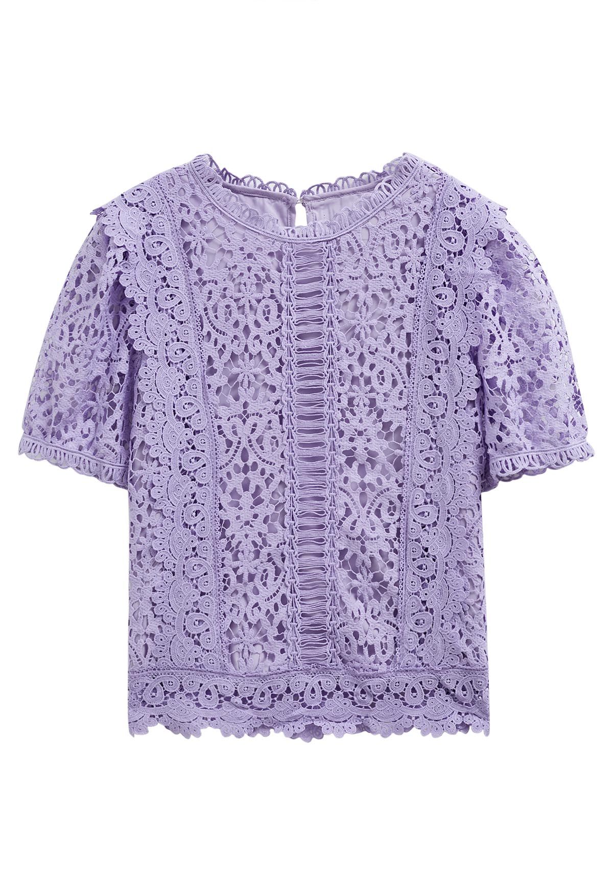 Floral Guipure Lace Short Sleeve Top  in Lilac