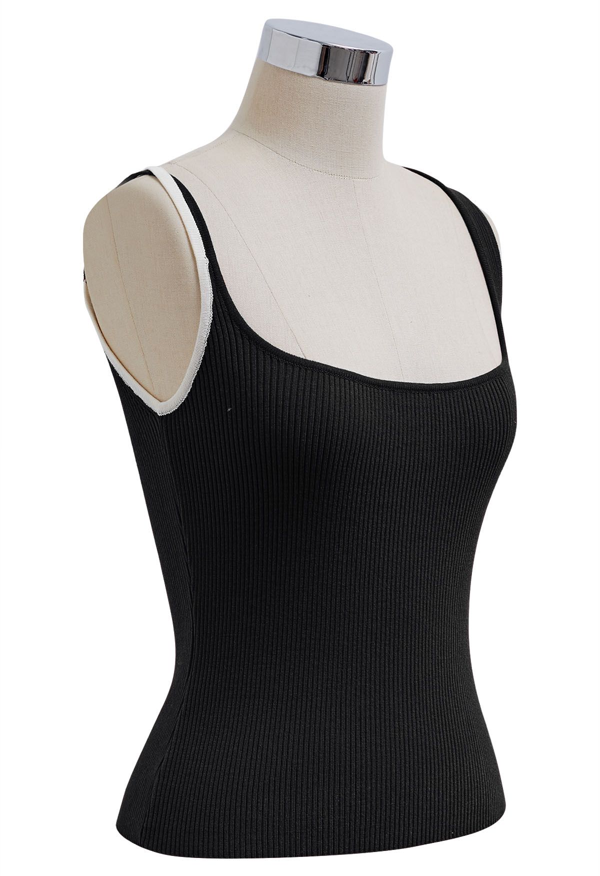 Contrast Asymmetric Straps Ribbed Knit Tank Top in Black