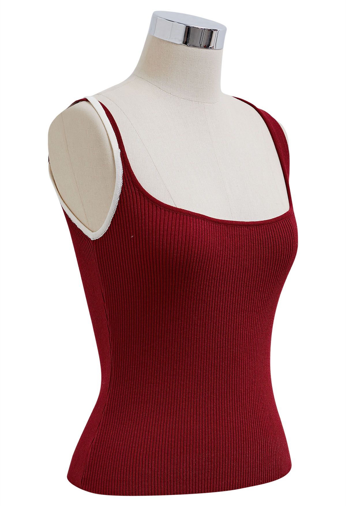 Contrast Asymmetric Straps Ribbed Knit Tank Top in Red