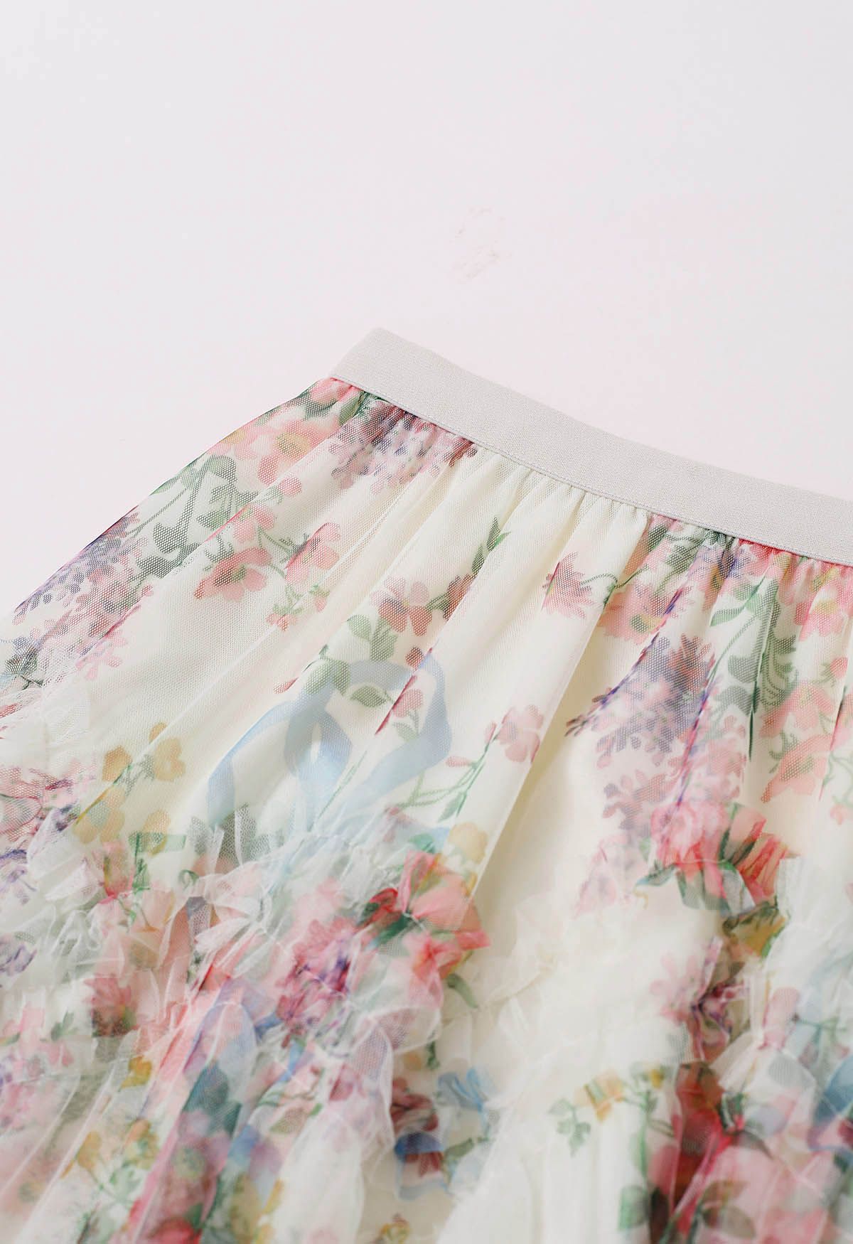 Fairy Dream Floral Ruffle Mesh Midi Skirt in White
