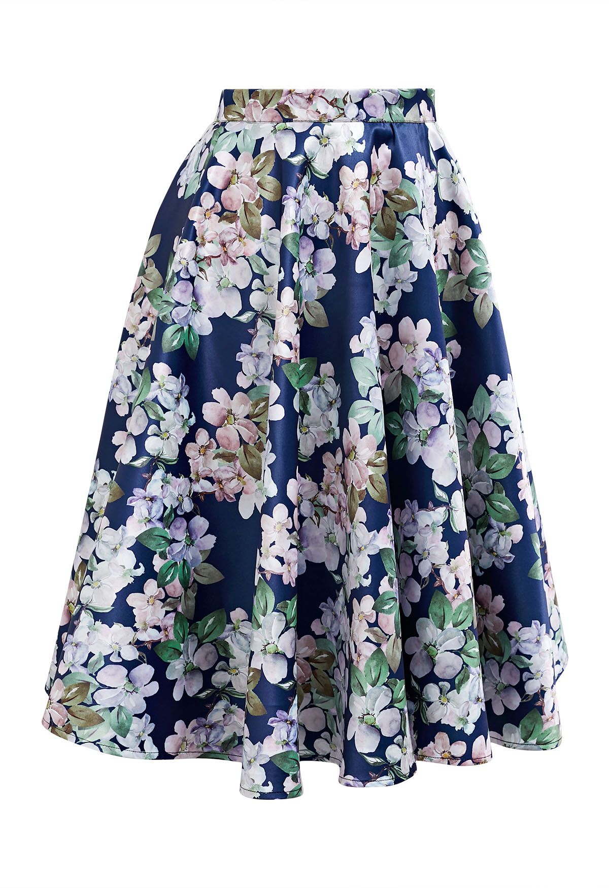 Bright Floral Printed Flare Midi Skirt in Navy