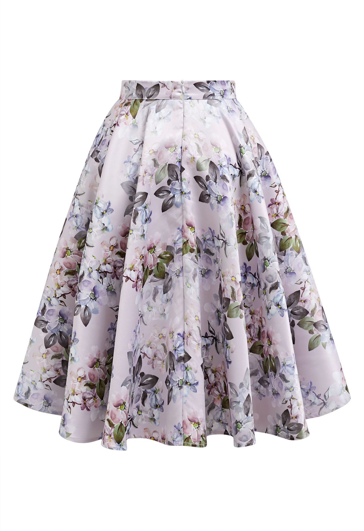 Bright Floral Printed Flare Midi Skirt in Light Pink