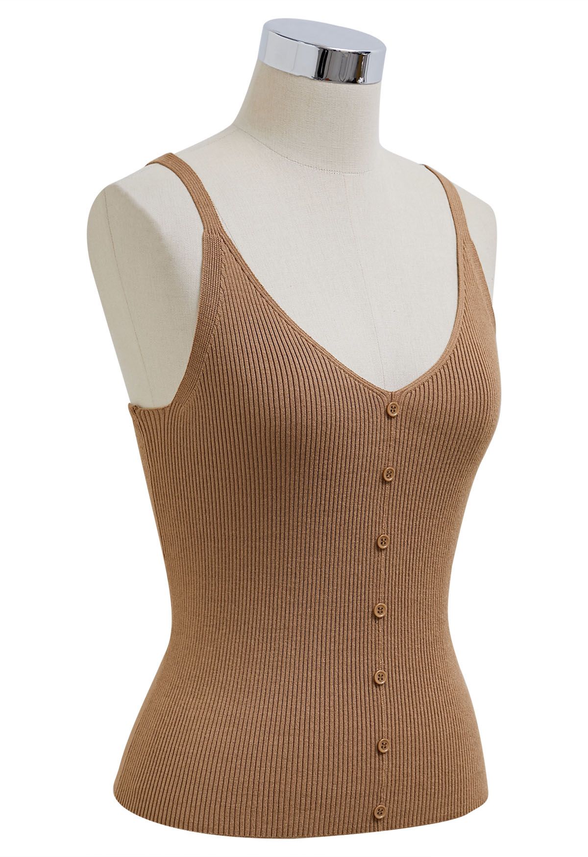 Button Decorated Ribbed Knit Tank Top in Tan