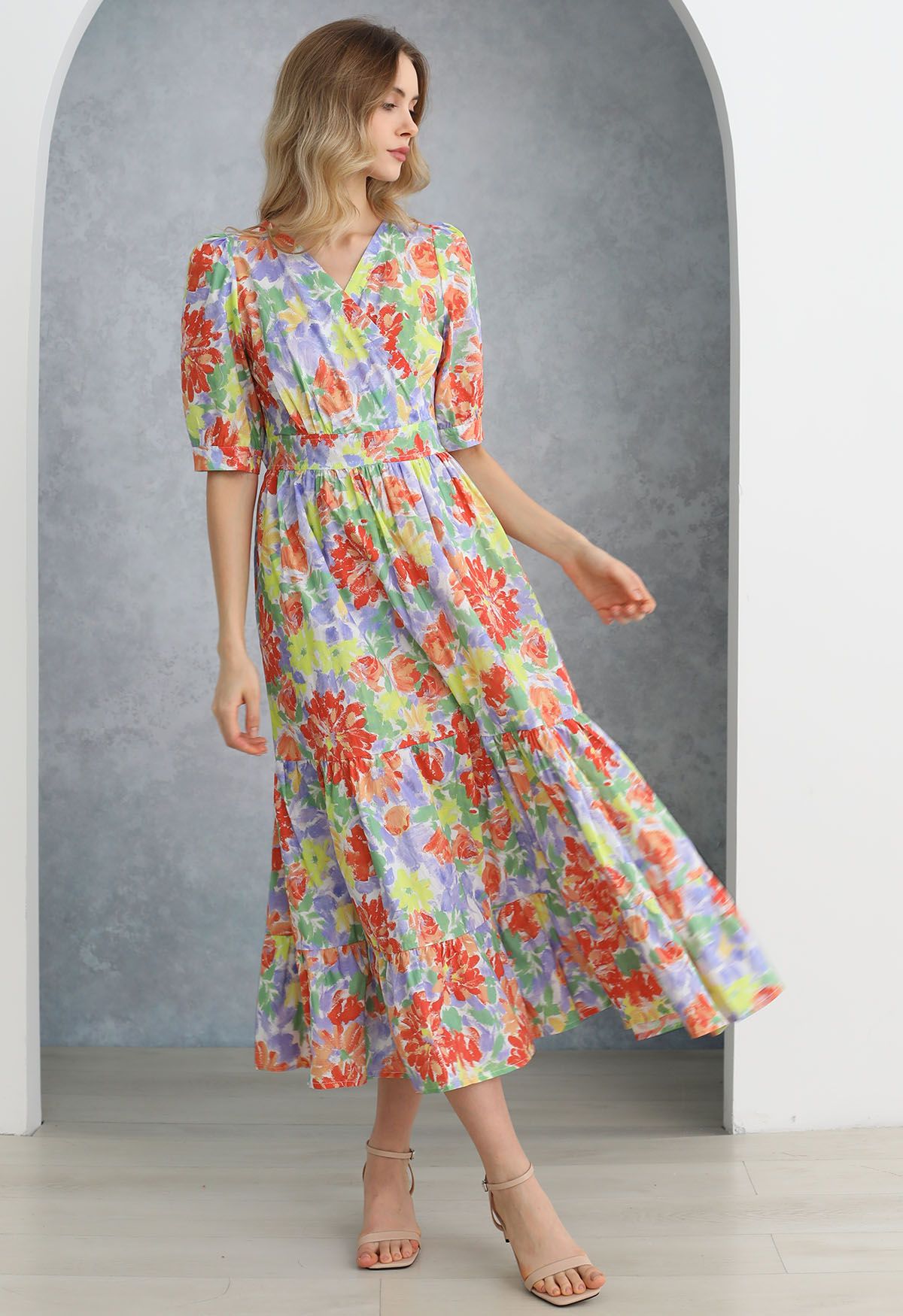 Summer Shine Floral Printed Frilling Wrapped Dress