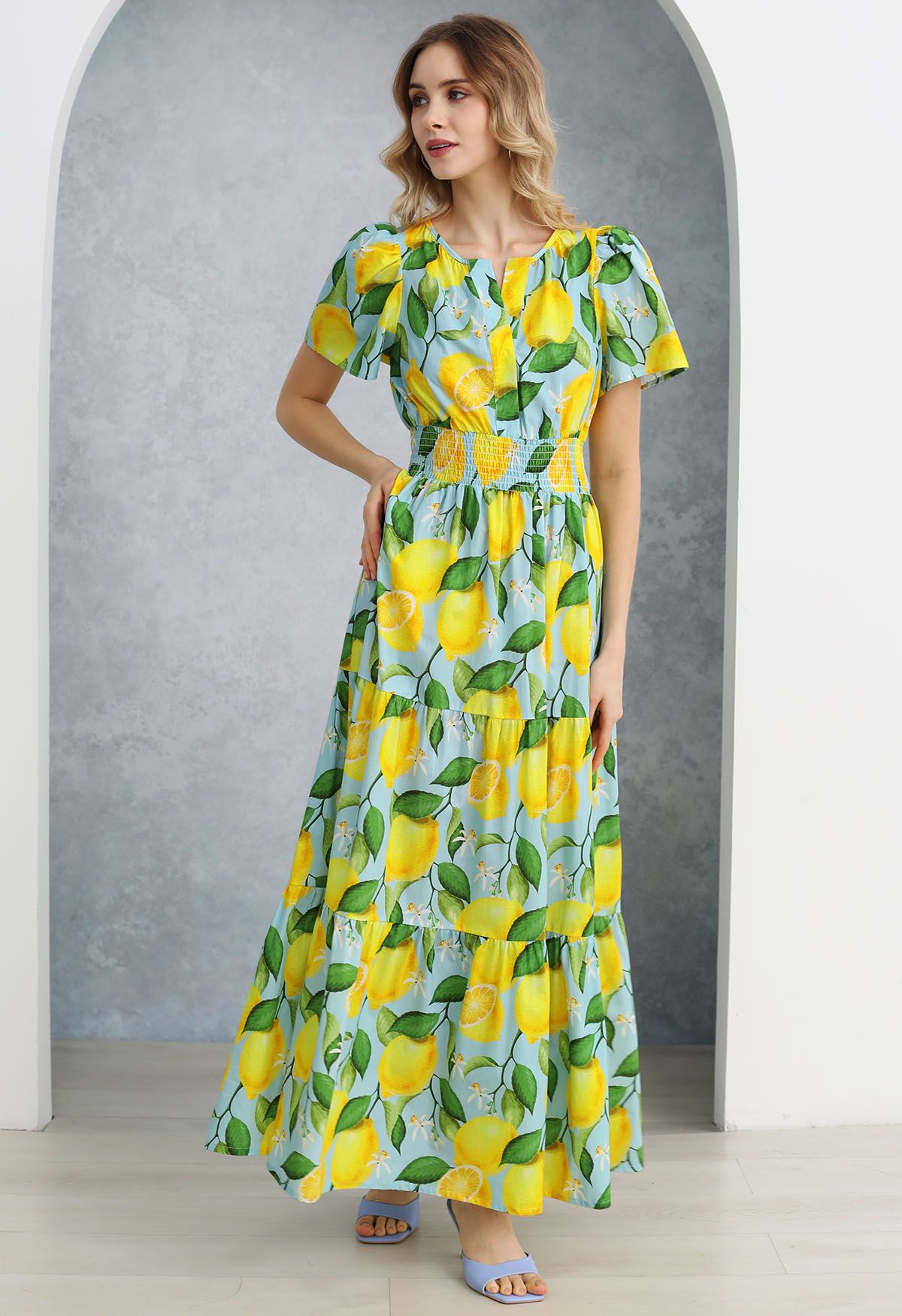 Zesty Yellow Lemon Printed Maxi Dress