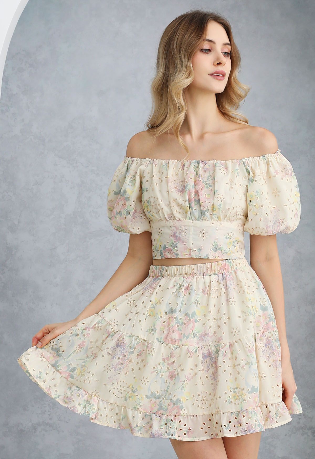 Metallic Embroidered Floral Print Off-Shoulder Top and Skirt Set