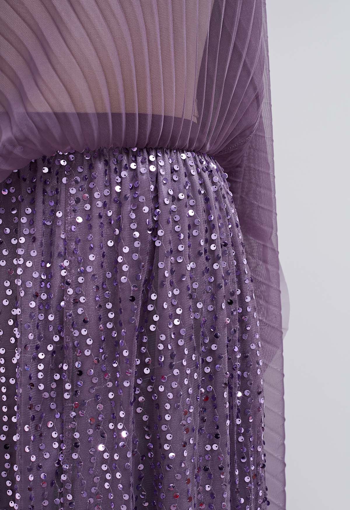 Glister Sequin Trim Mesh Tulle Maxi Skirt in Purple