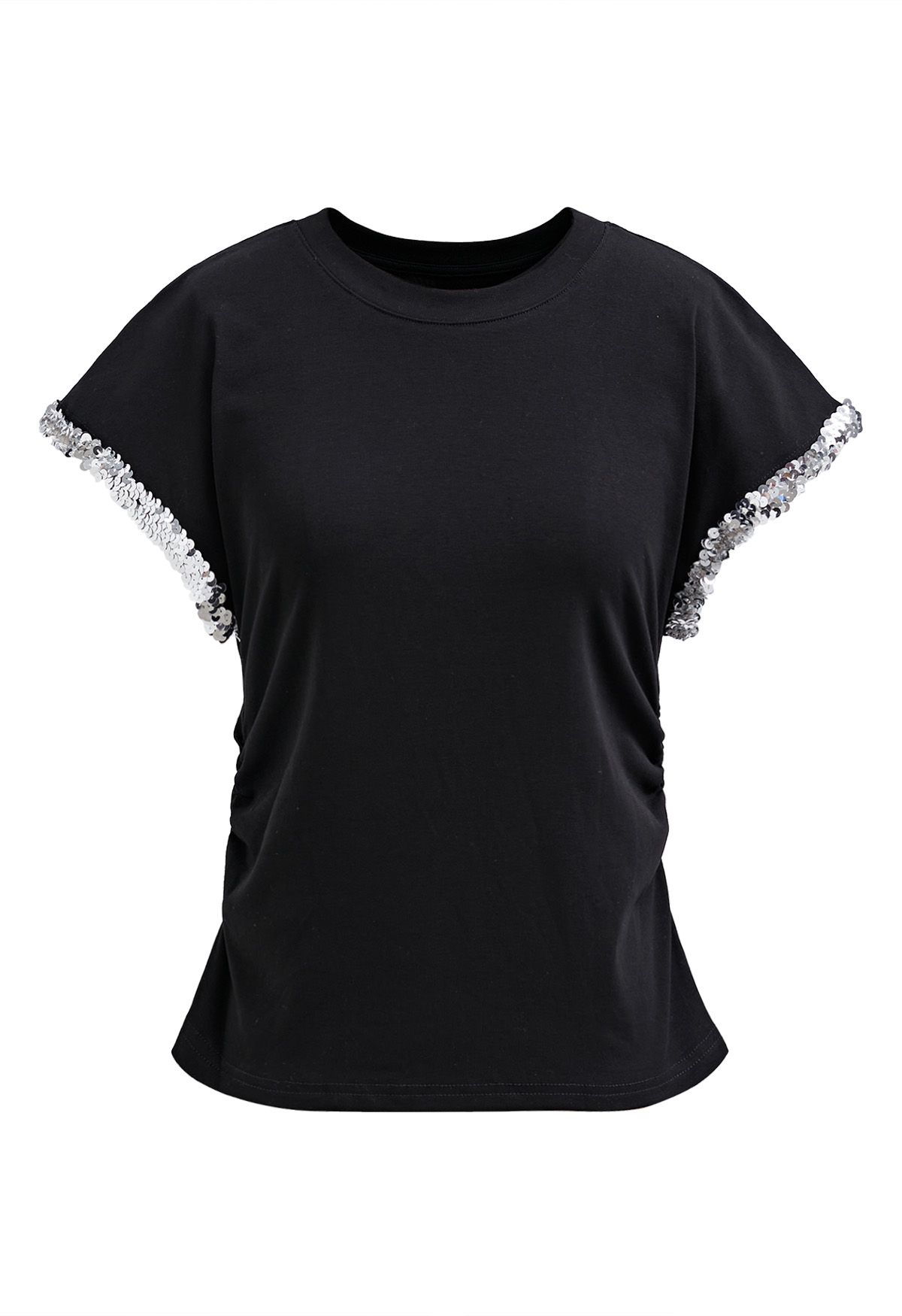 Sequined Cuff Ruched Side T-Shirt in Black