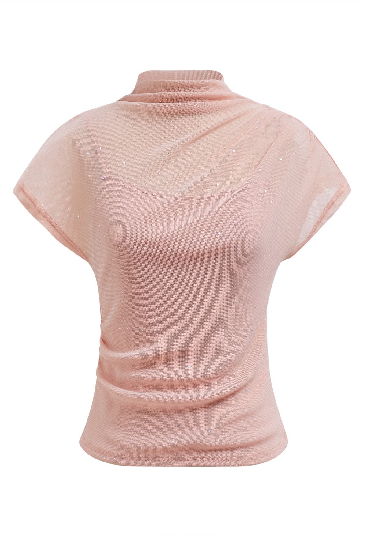 Shimmery Mock Neck Mesh Top in Pink