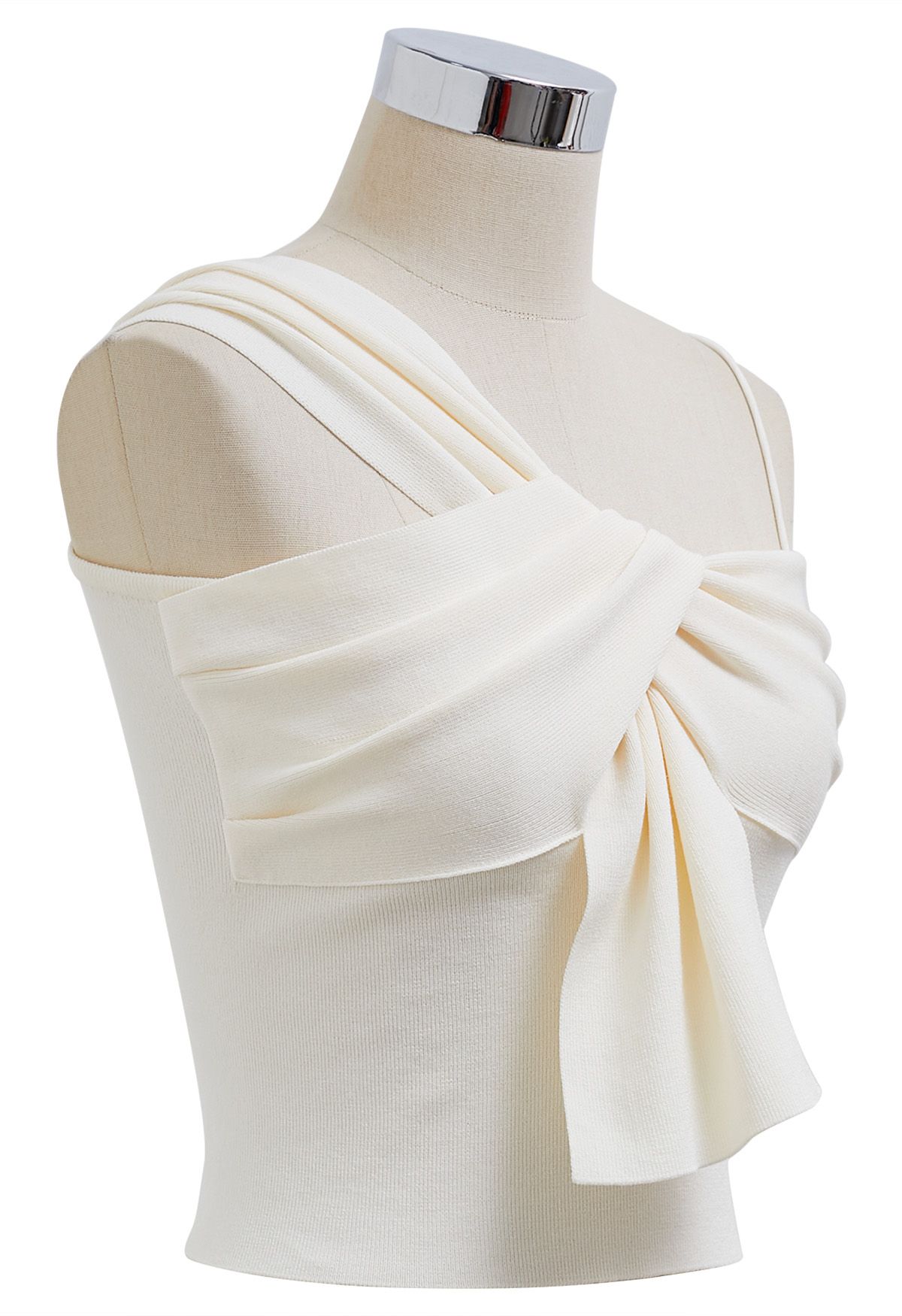 Knotted Front Asymmetric Straps Crop Knit Top in Cream