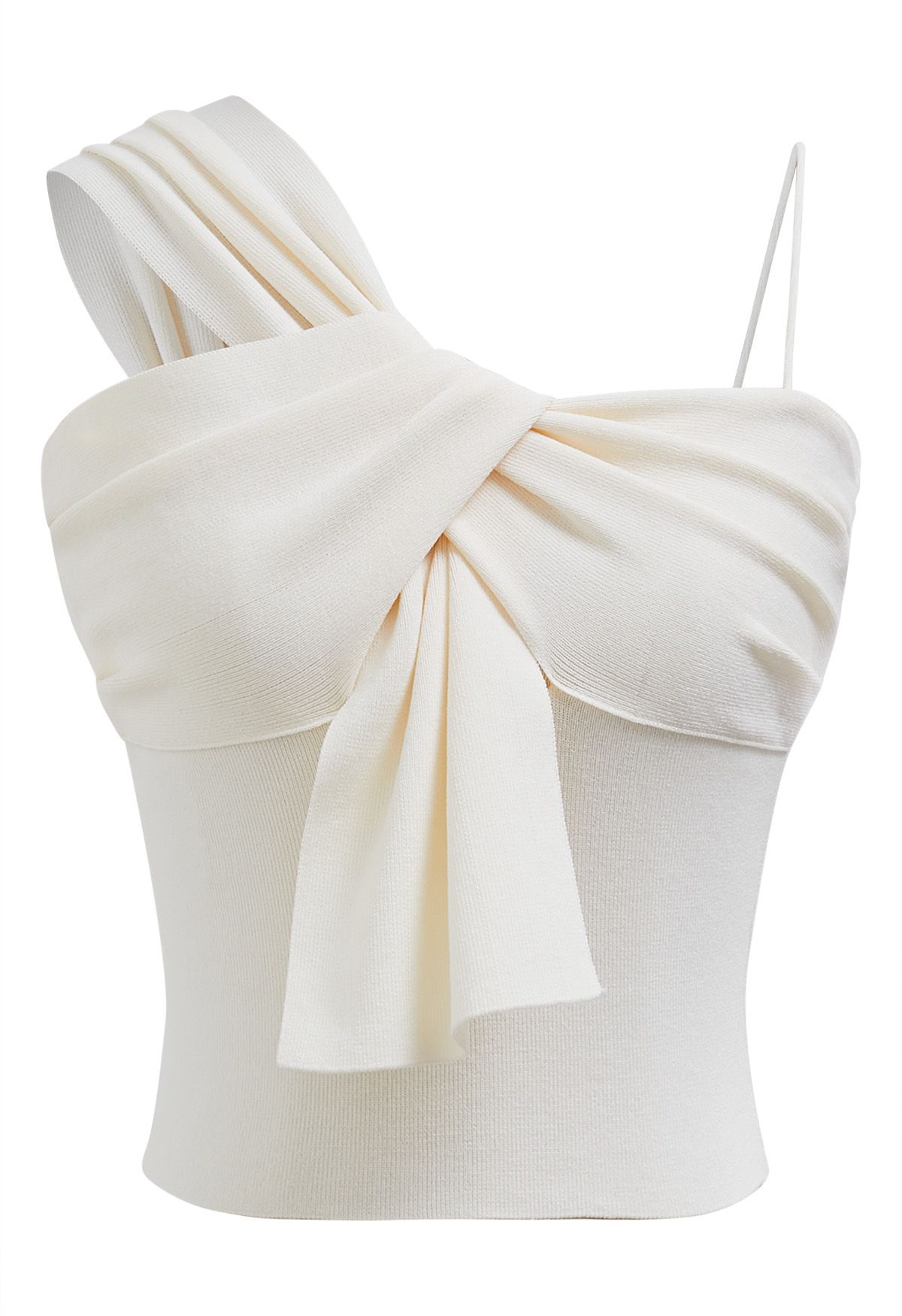 Knotted Front Asymmetric Straps Crop Knit Top in Cream