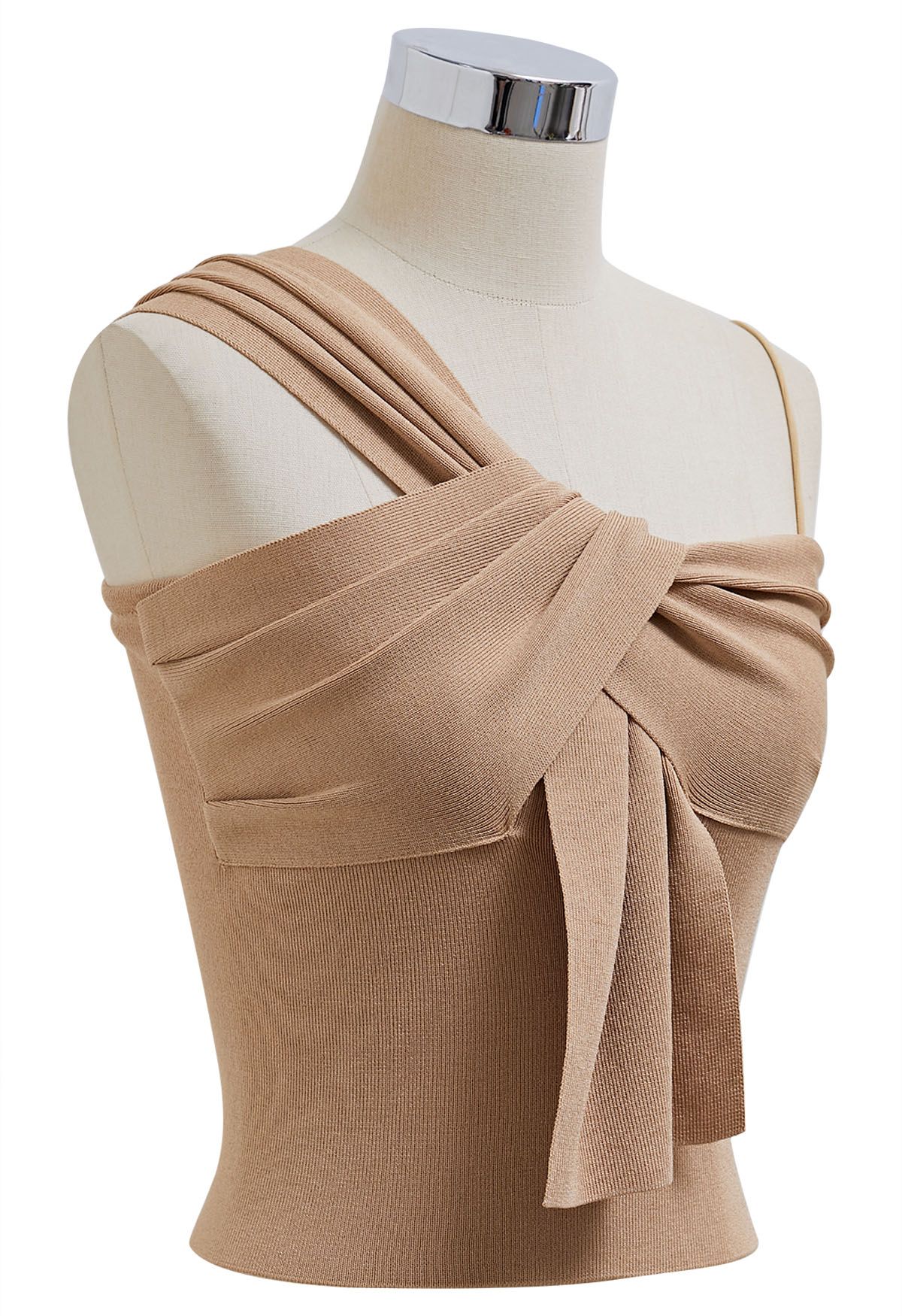 Knotted Front Asymmetric Straps Crop Knit Top in Tan