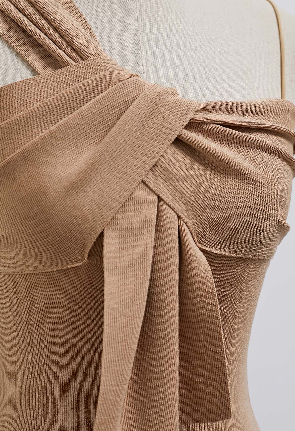 Knotted Front Asymmetric Straps Crop Knit Top in Tan