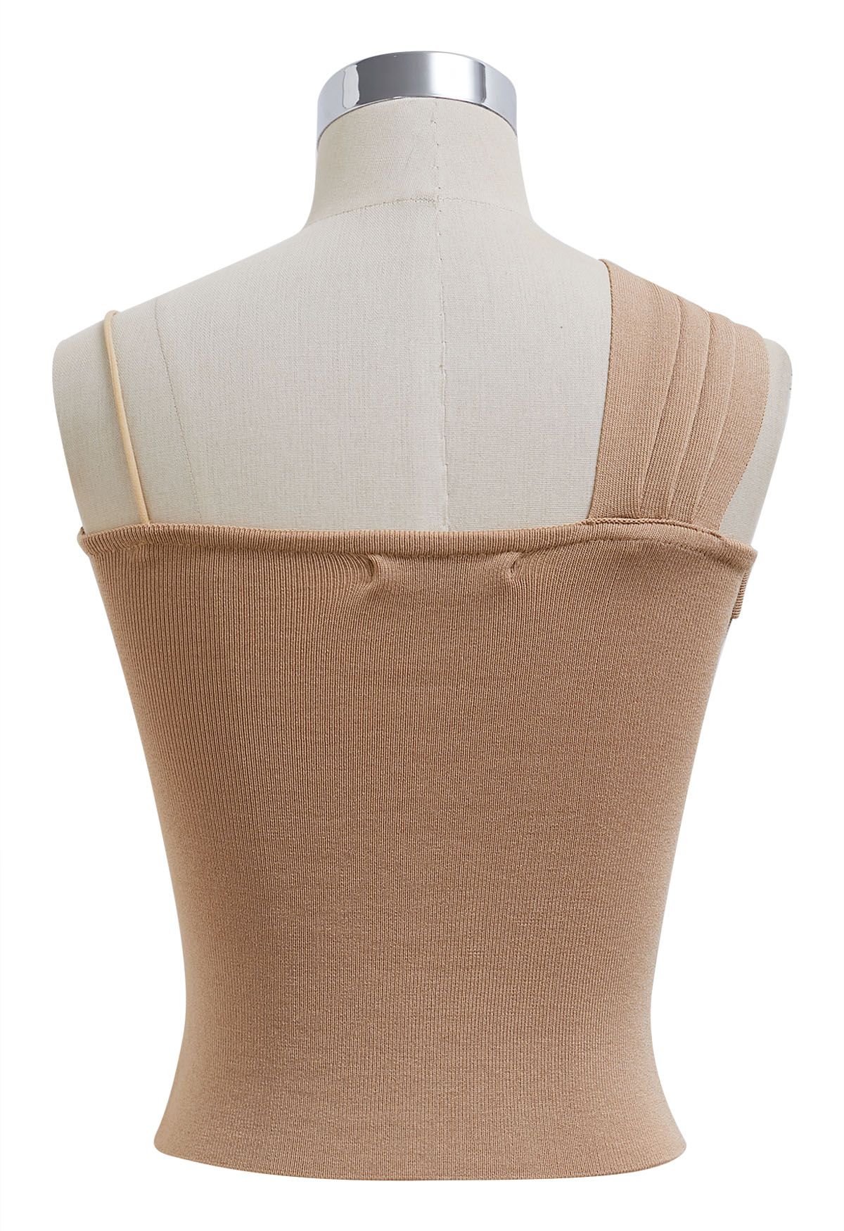 Knotted Front Asymmetric Straps Crop Knit Top in Tan