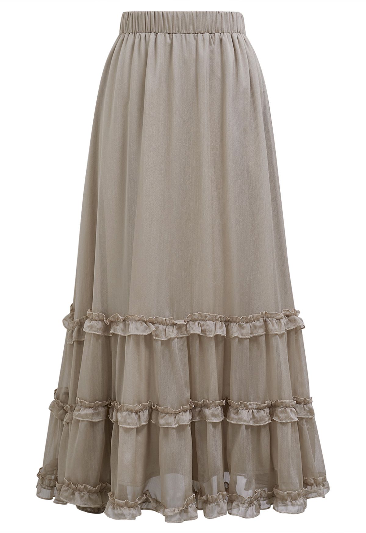 Swirling Ruffle Trim Maxi Skirt in Taupe