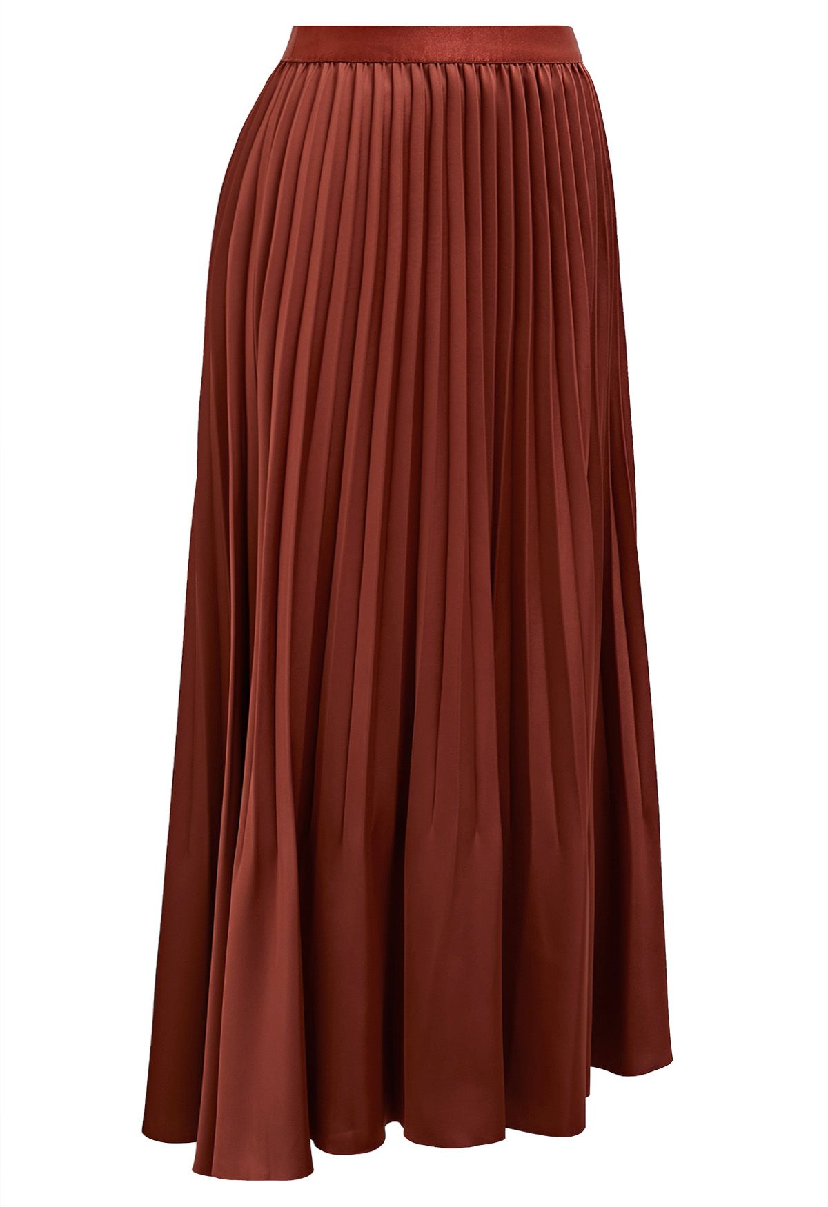 Smooth Satin Pleated Midi Skirt in Rust Red