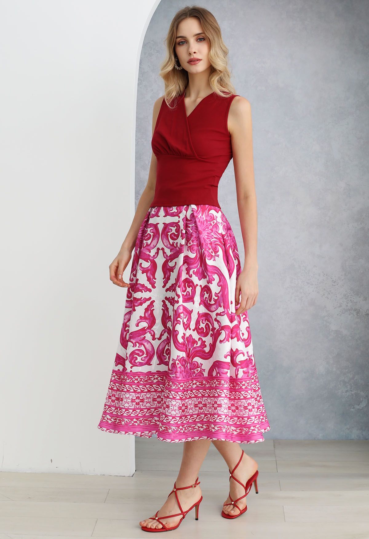 Pink Tile Jacquard Pleated A-Line Midi Skirt