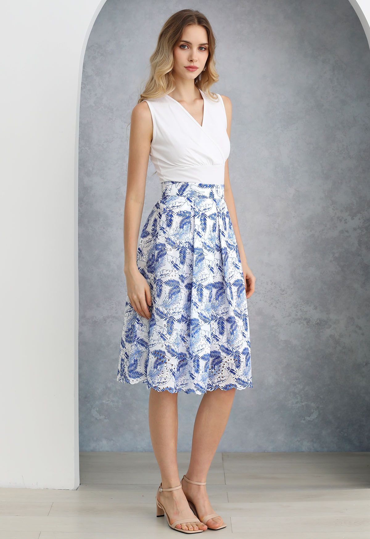 Leaf Embroidered Eyelet Pleated Midi Skirt in Blue