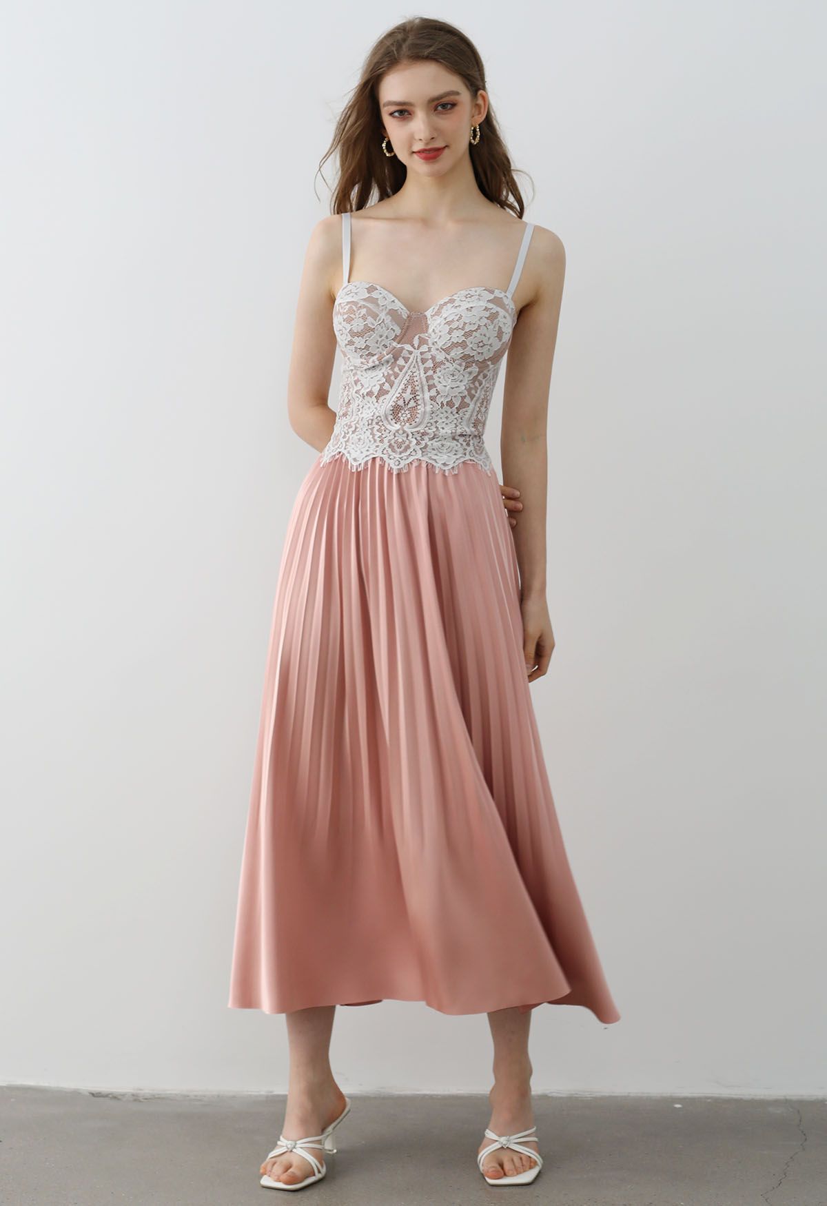 Smooth Satin Pleated Midi Skirt in Pink