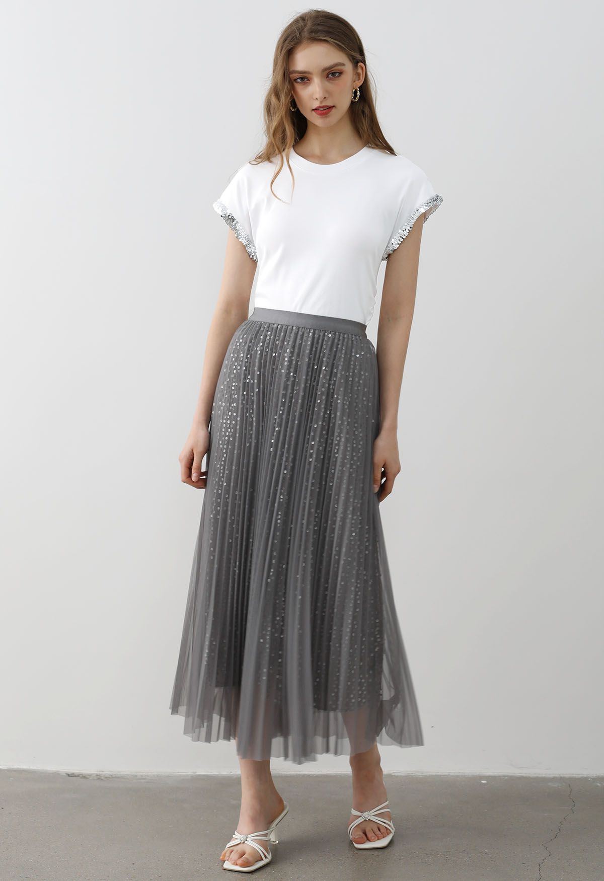 Glister Sequin Trim Mesh Tulle Maxi Skirt in Grey