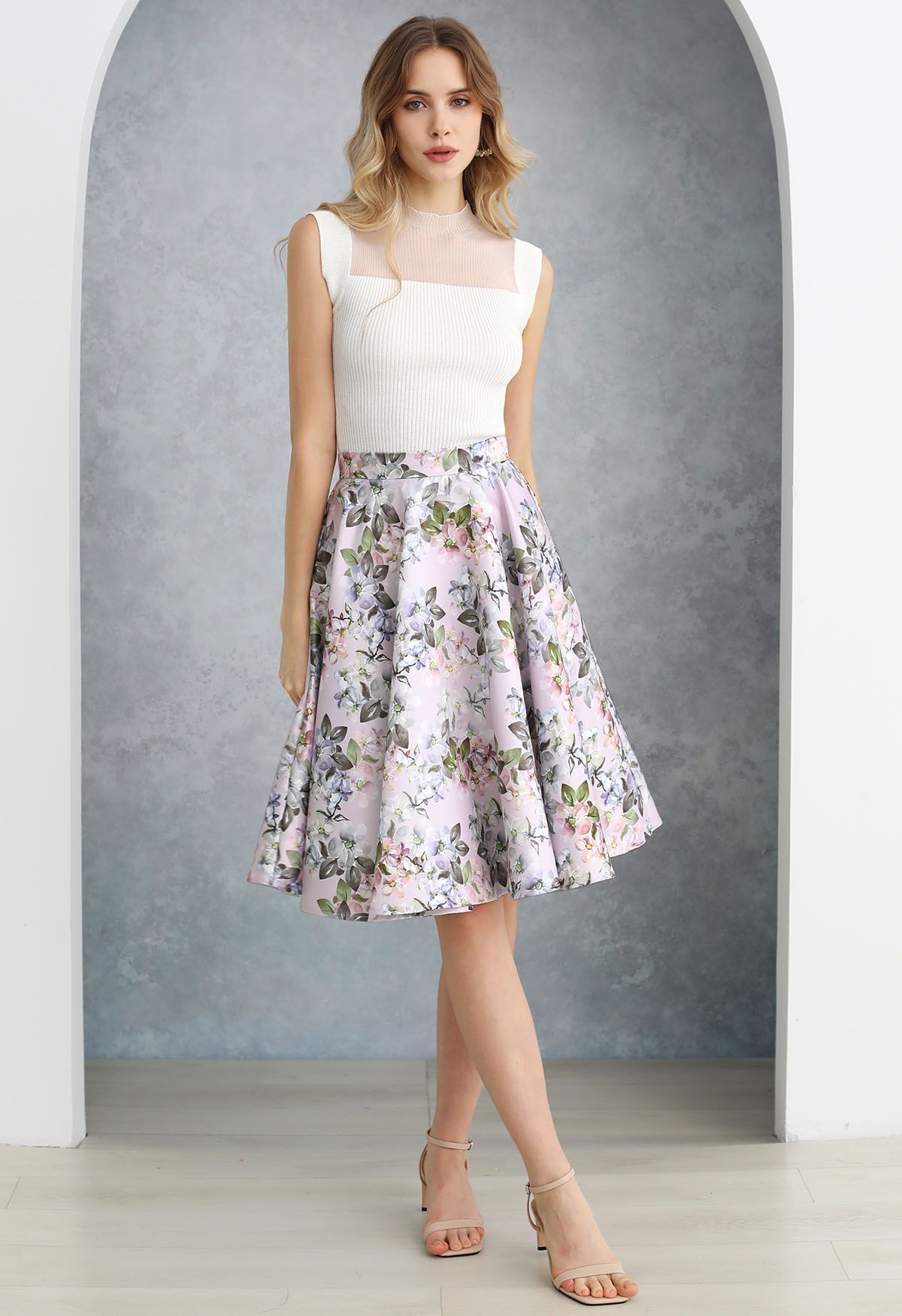 Bright Floral Printed Flare Midi Skirt in Light Pink