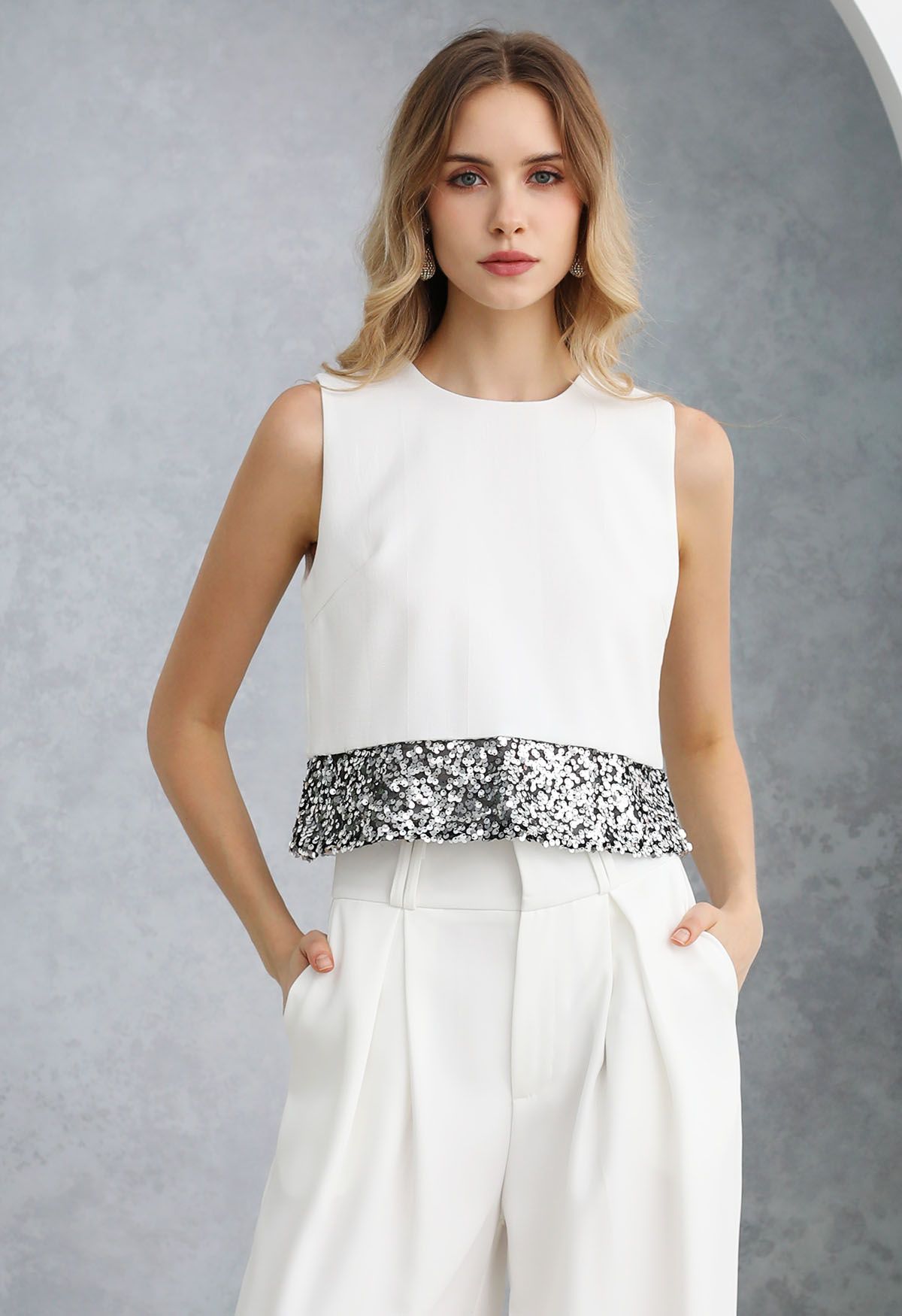 Sequined Hem Sleeveless Tweed Crop Top in White