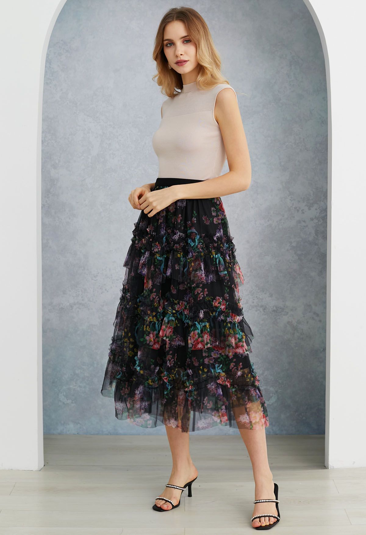 Fairy Dream Floral Ruffle Mesh Midi Skirt in Black