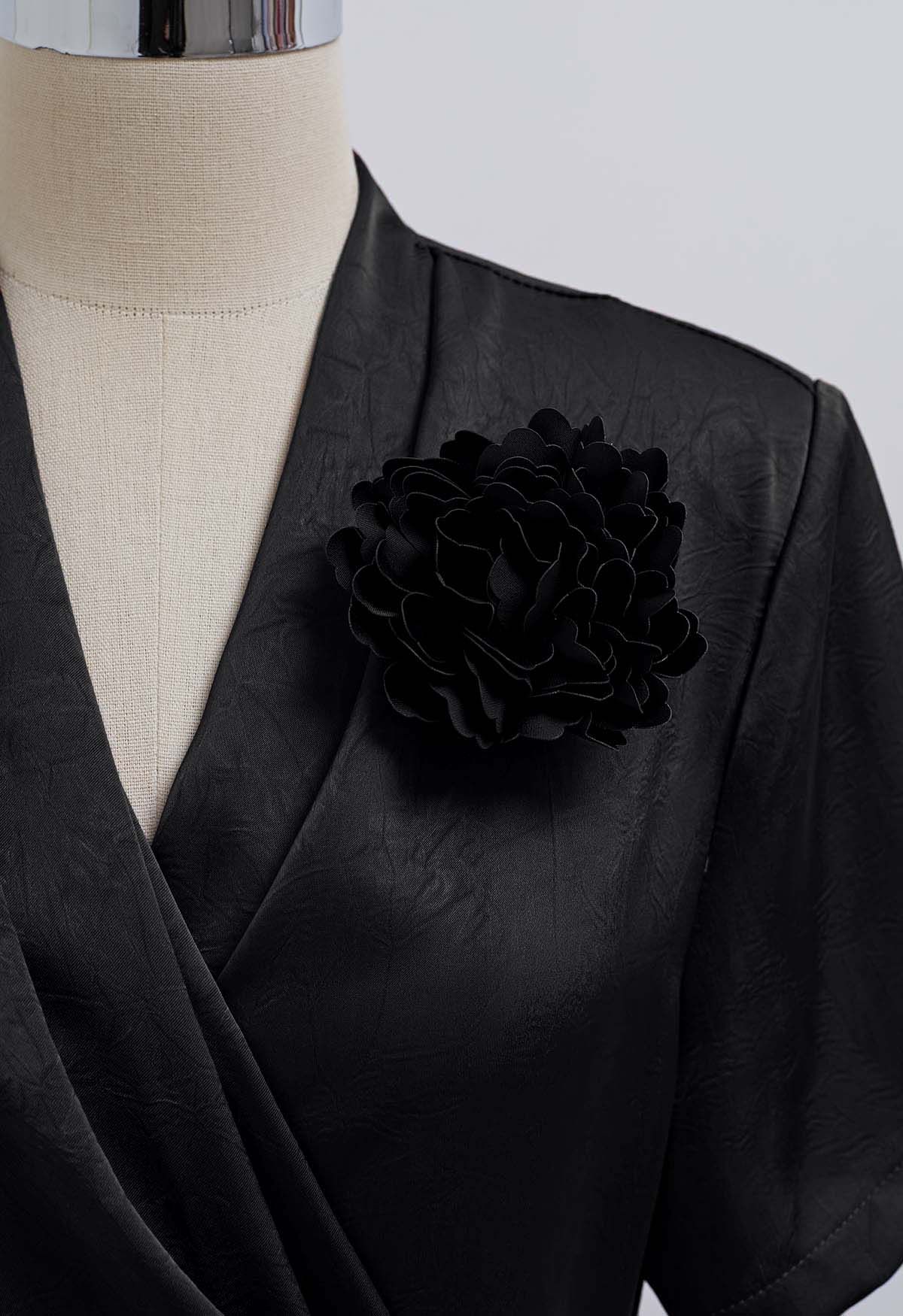 Floral Brooch Textured Satin Dress in Black