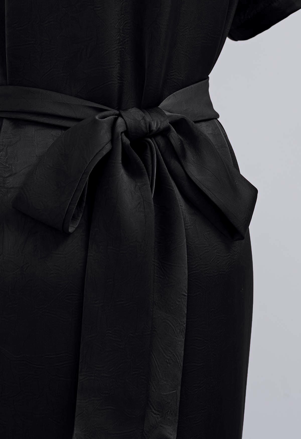 Floral Brooch Textured Satin Dress in Black