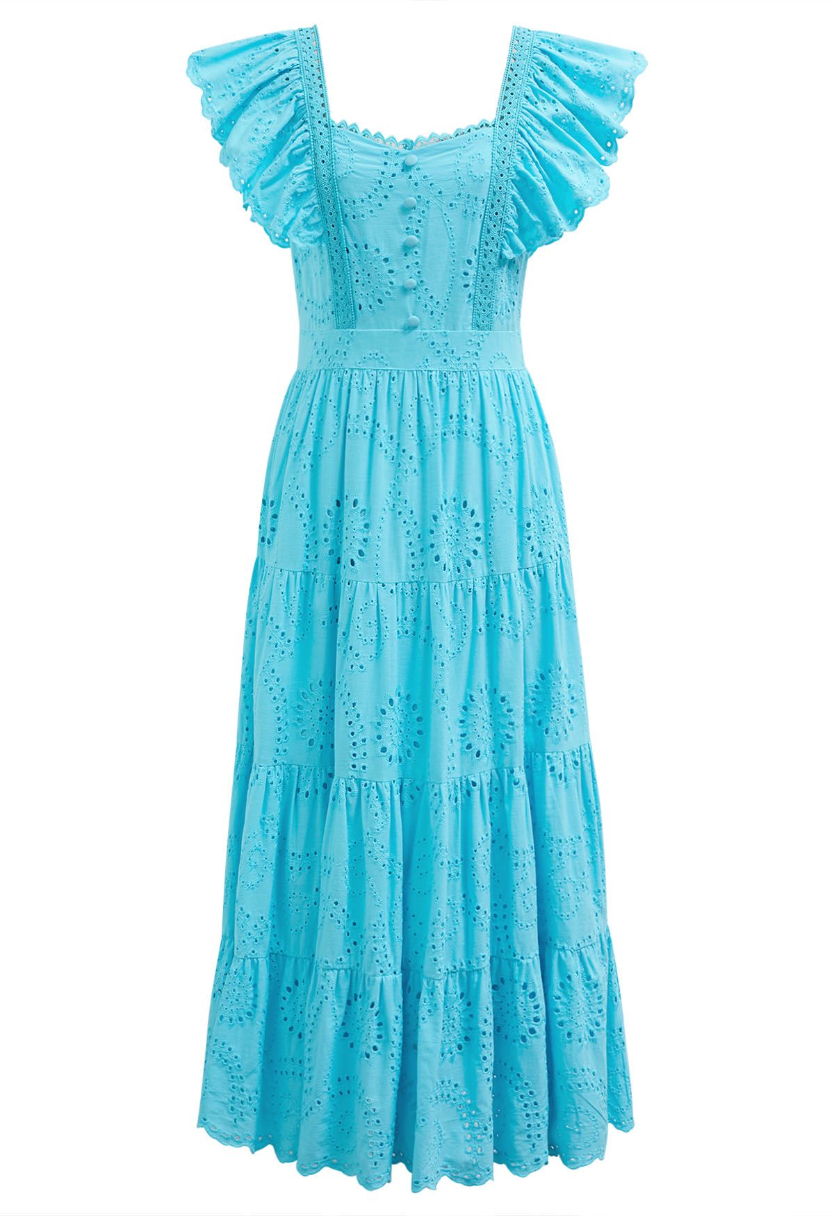 Sweetheart Neckline Eyelet Embroidery Maxi Dress in Turquoise