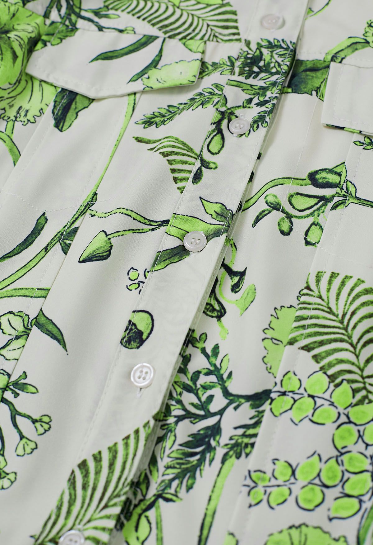 Green Tropical Palm Leaves Printed Short Sleeves Shirt Dress