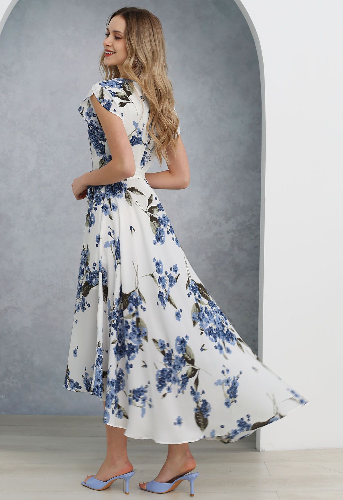 Floral Asymmetric Hem Chiffon Wrap Maxi Dress