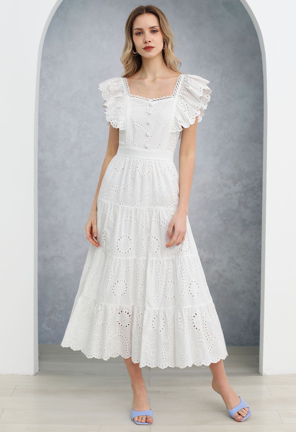 Sweetheart Neckline Eyelet Embroidery Maxi Dress in White