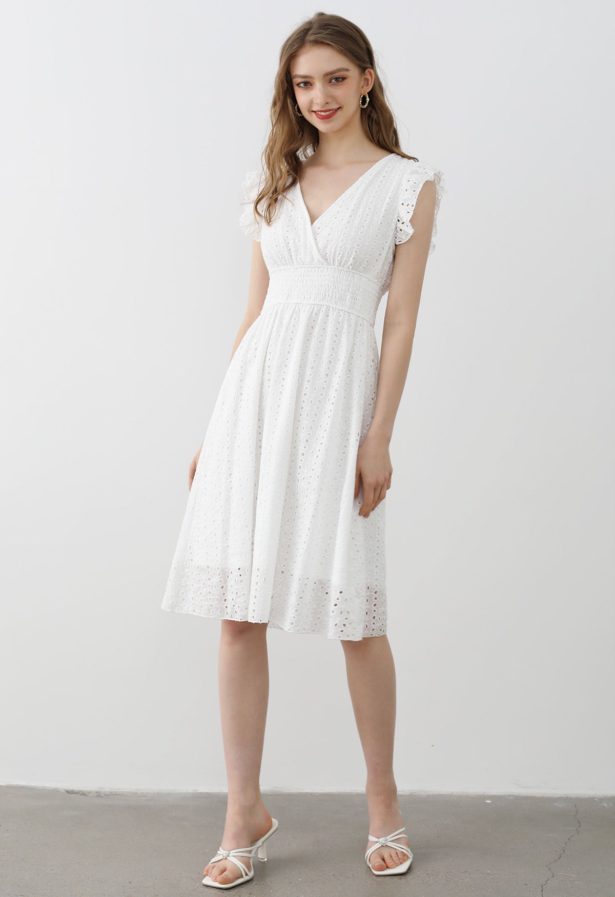 Eyelet Fantasy Faux-Wrap Midi Dress