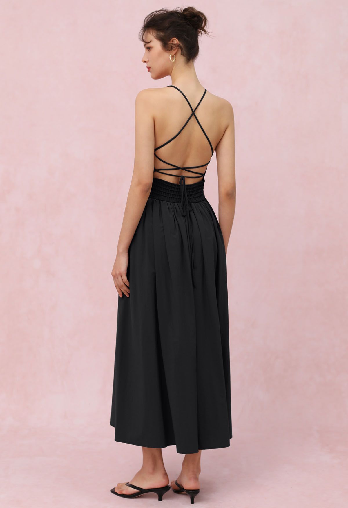 Lace-Up Back Knit Spliced Dress in Black