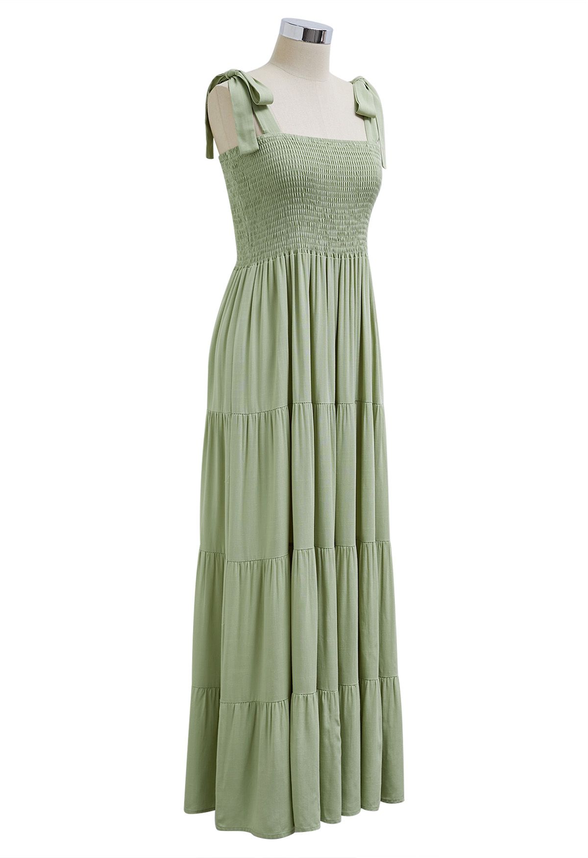 Fluttering Tie-Shoulder Shirred Maxi Dress in Pistachio