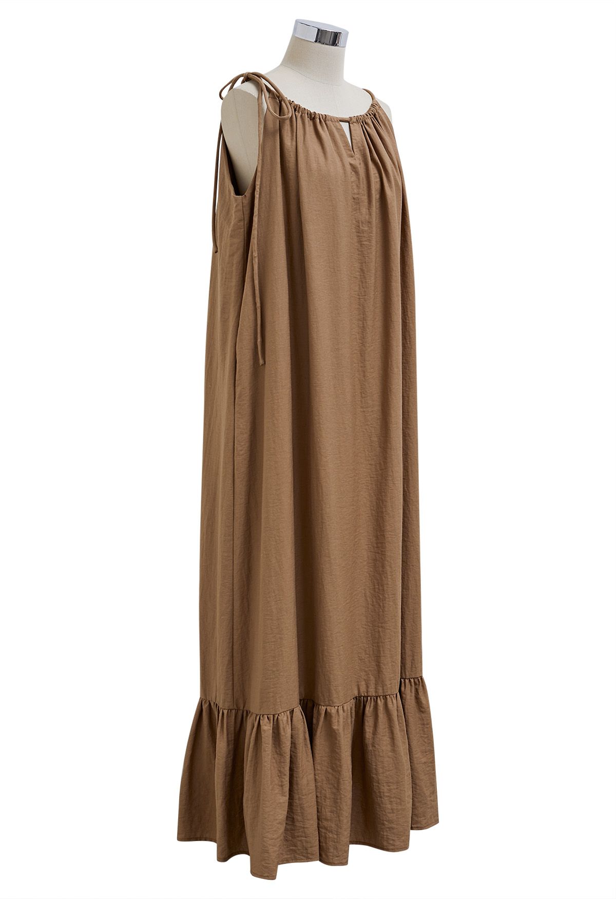 Self-Tie Halter Frill Hem Maxi Dress in Caramel