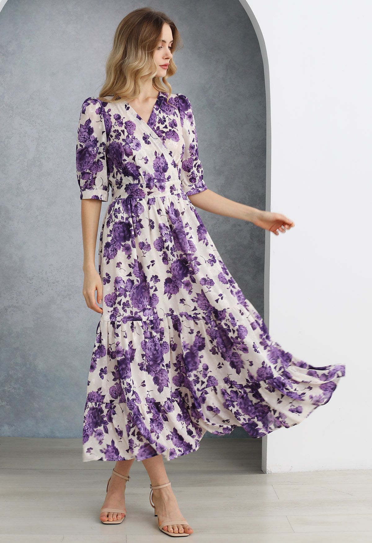 Purple Floral Jacquard Frilling Wrapped Dress