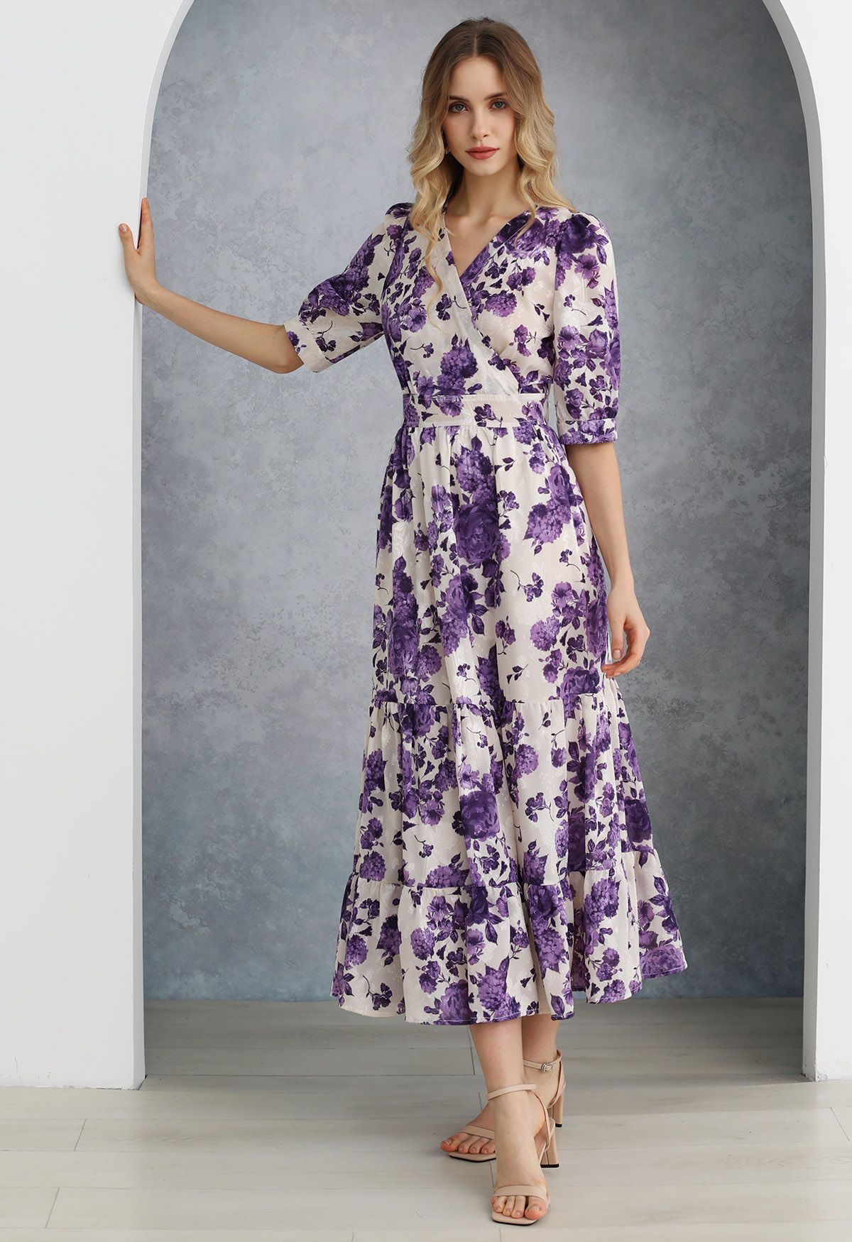 Purple Floral Jacquard Frilling Wrapped Dress