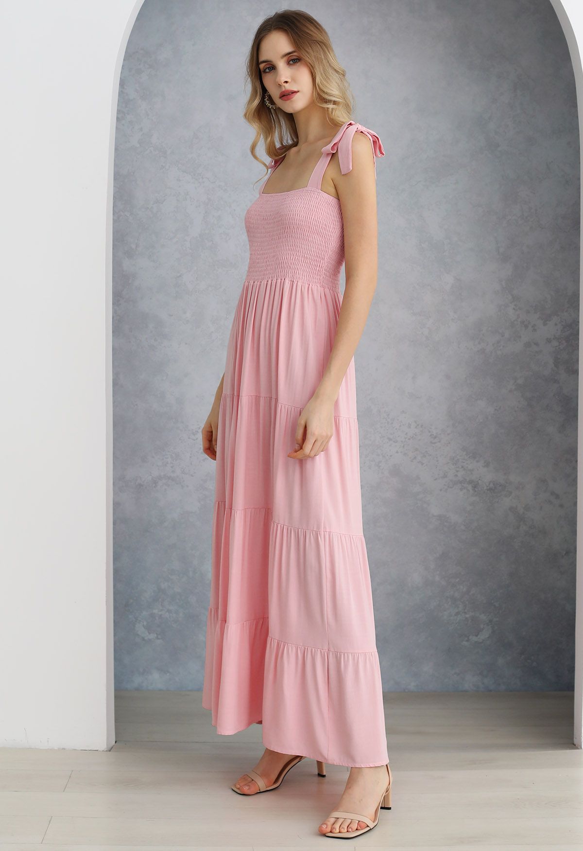 Fluttering Tie-Shoulder Shirred Maxi Dress in Pink