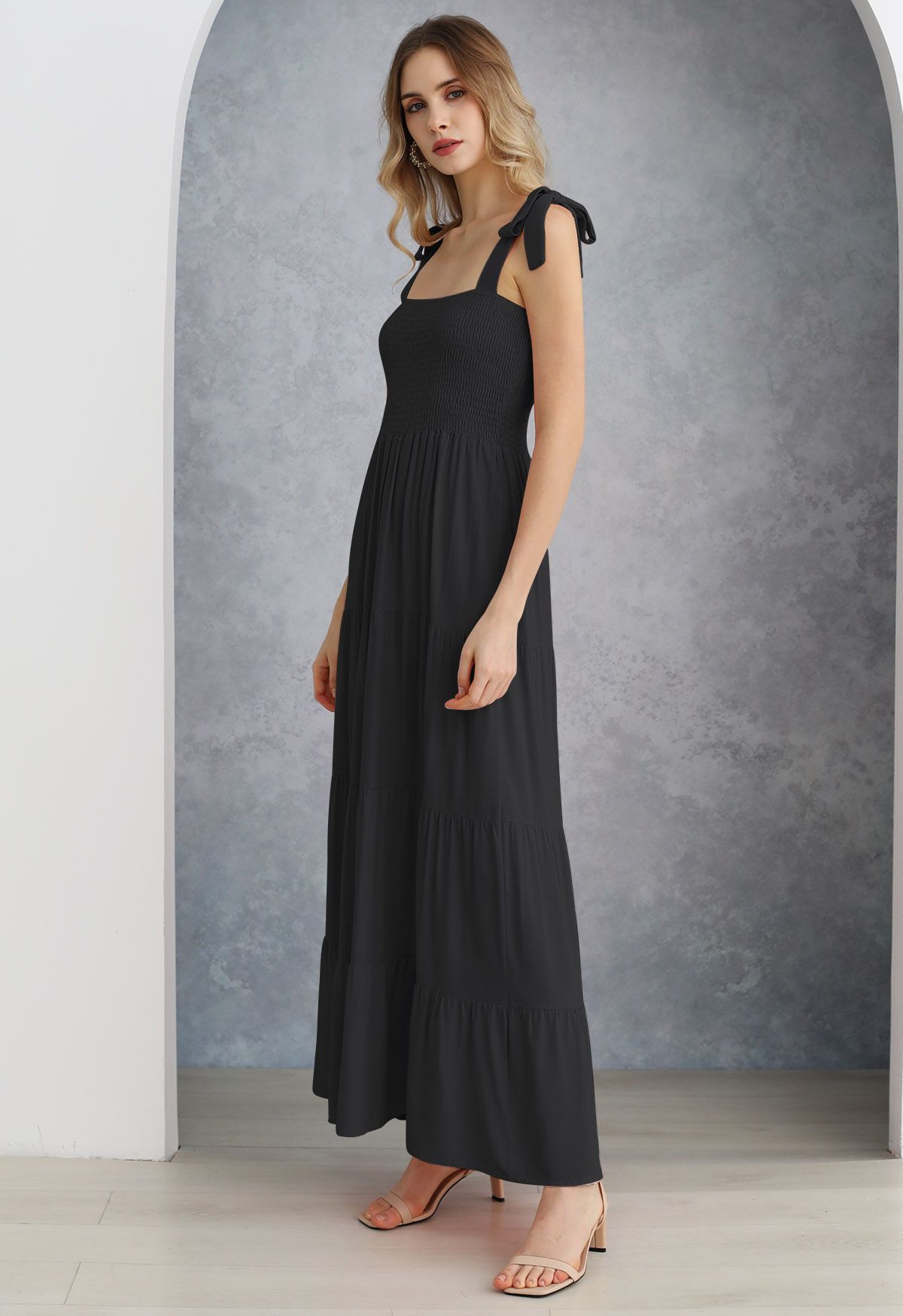 Fluttering Tie-Shoulder Shirred Maxi Dress in Black