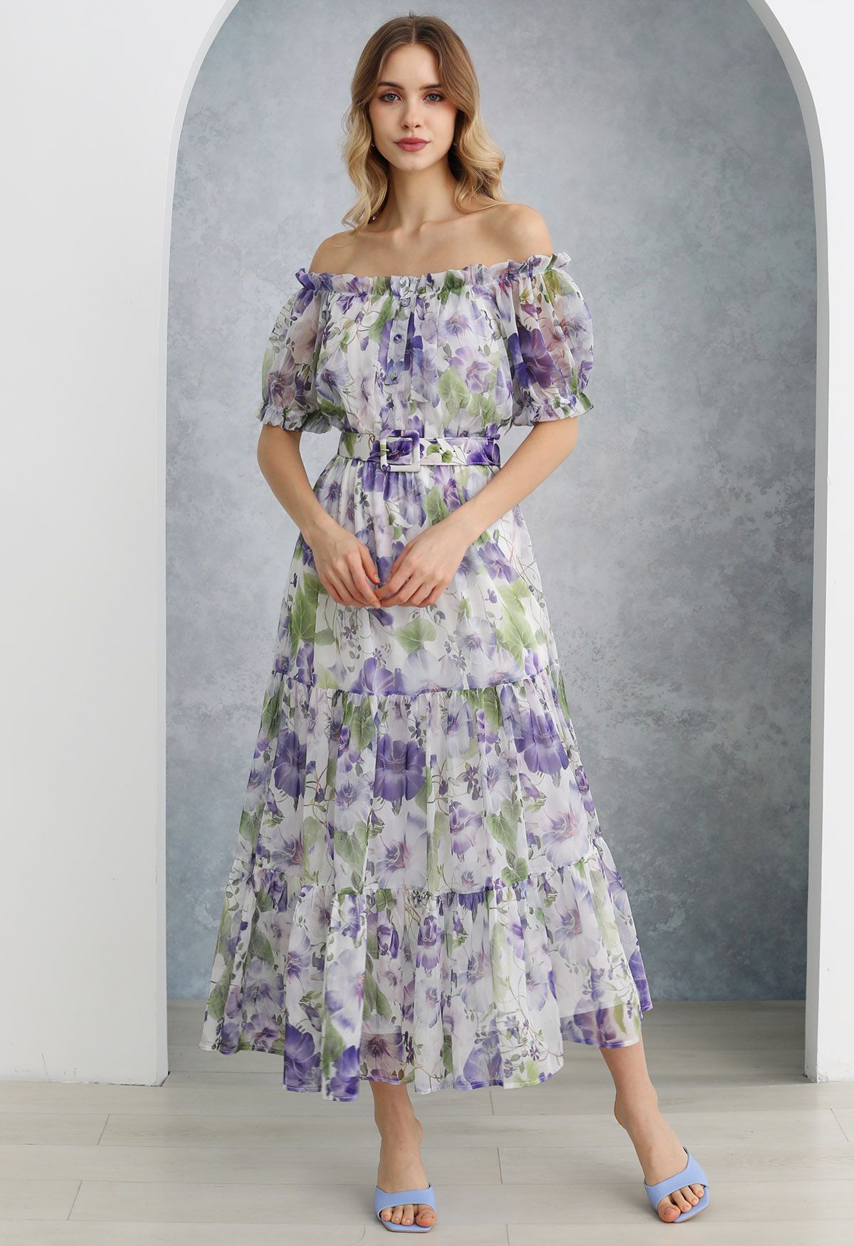 Purple Floral Printed Off-Shoulder Chiffon Dress