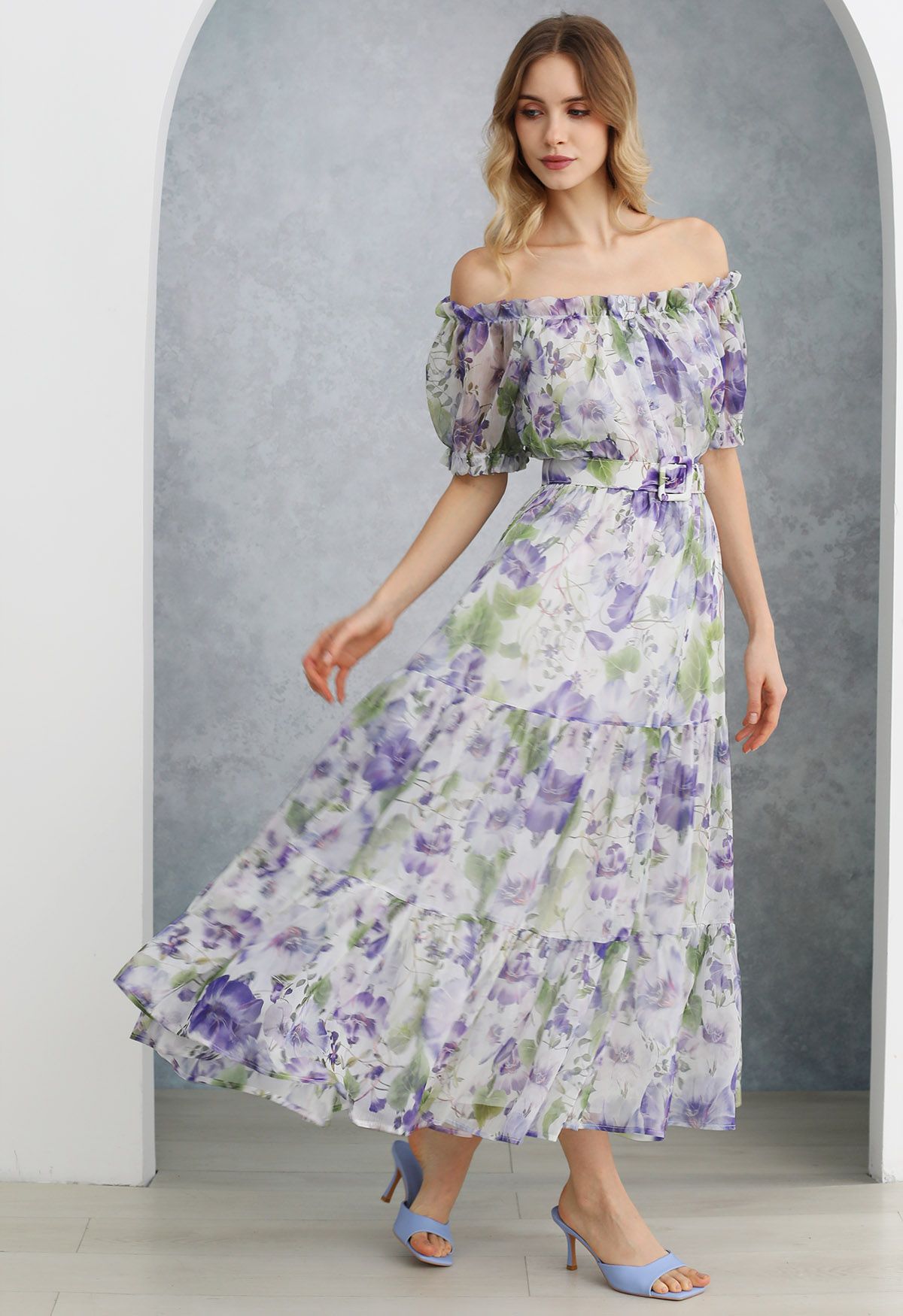 Purple Floral Printed Off-Shoulder Chiffon Dress